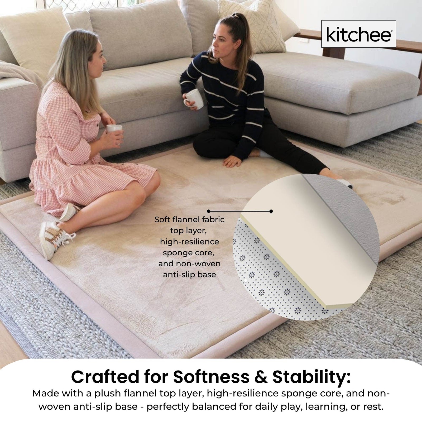 Kitchee Kids Foam Floor Play Mat 150x200cm – Padded Thick Soft Tatami Style Cream