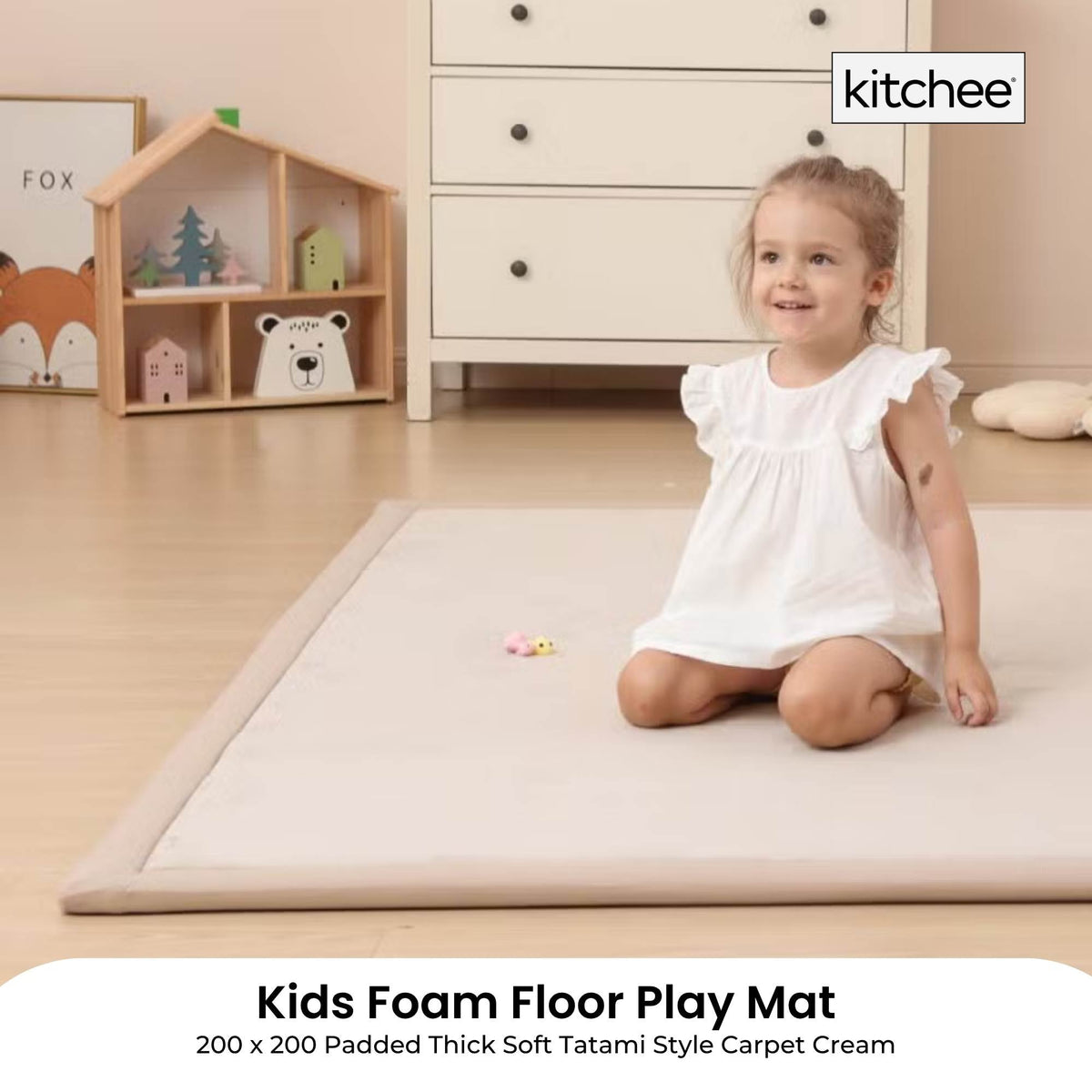 Kitchee Kids Foam Floor Play Mat 200x200cm – Padded Thick Soft Tatami Style Cream