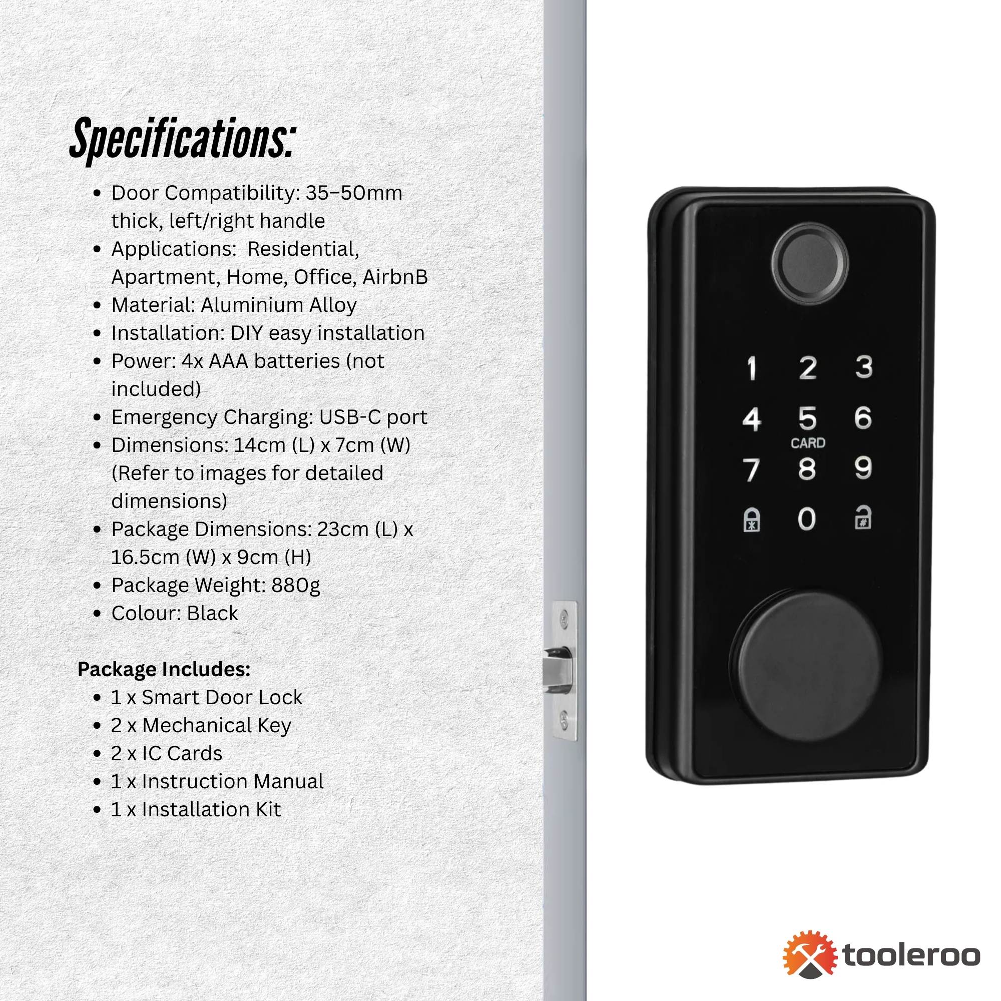 Tooleroo Digital Smart Door Lock Keypad - 5-in-1  Home Entry Security System