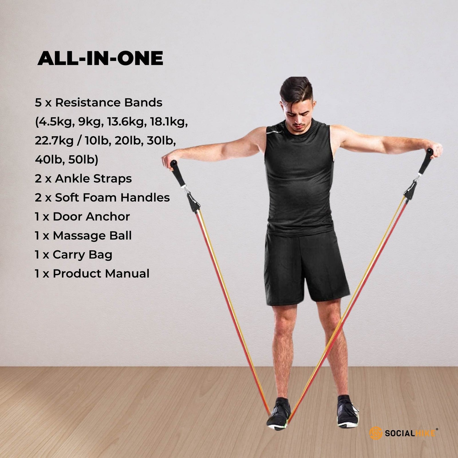 Social Hike Resistance Band Set with Handles - 11pcs Home Workout Kit 4.5-68kg