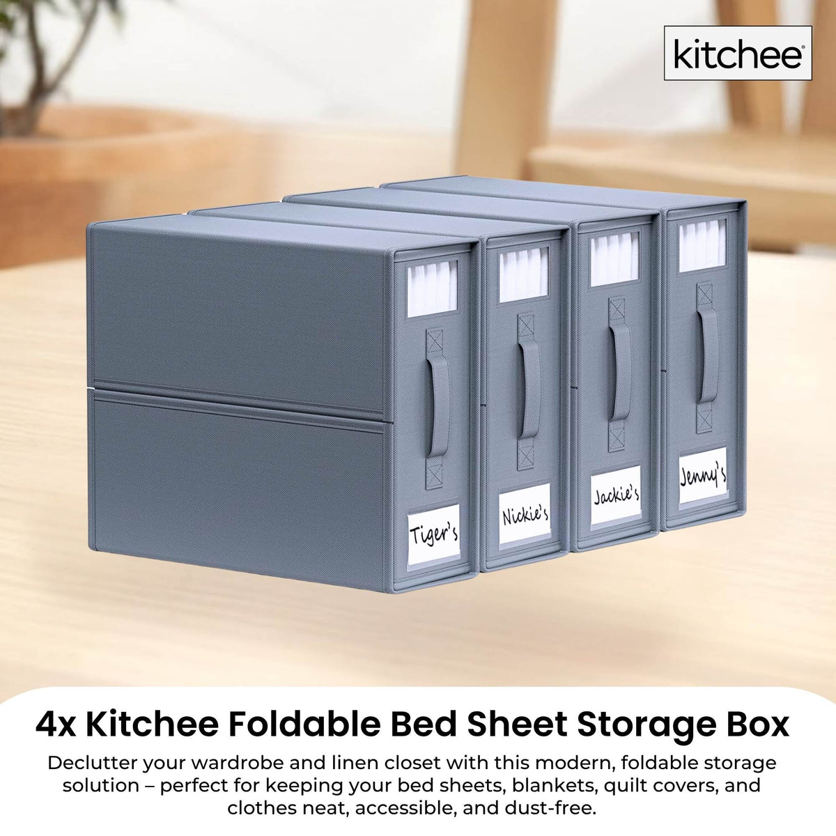 4x Kitchee Foldable Bed Sheet Storage Box – Linen & Closet Organiser Grey