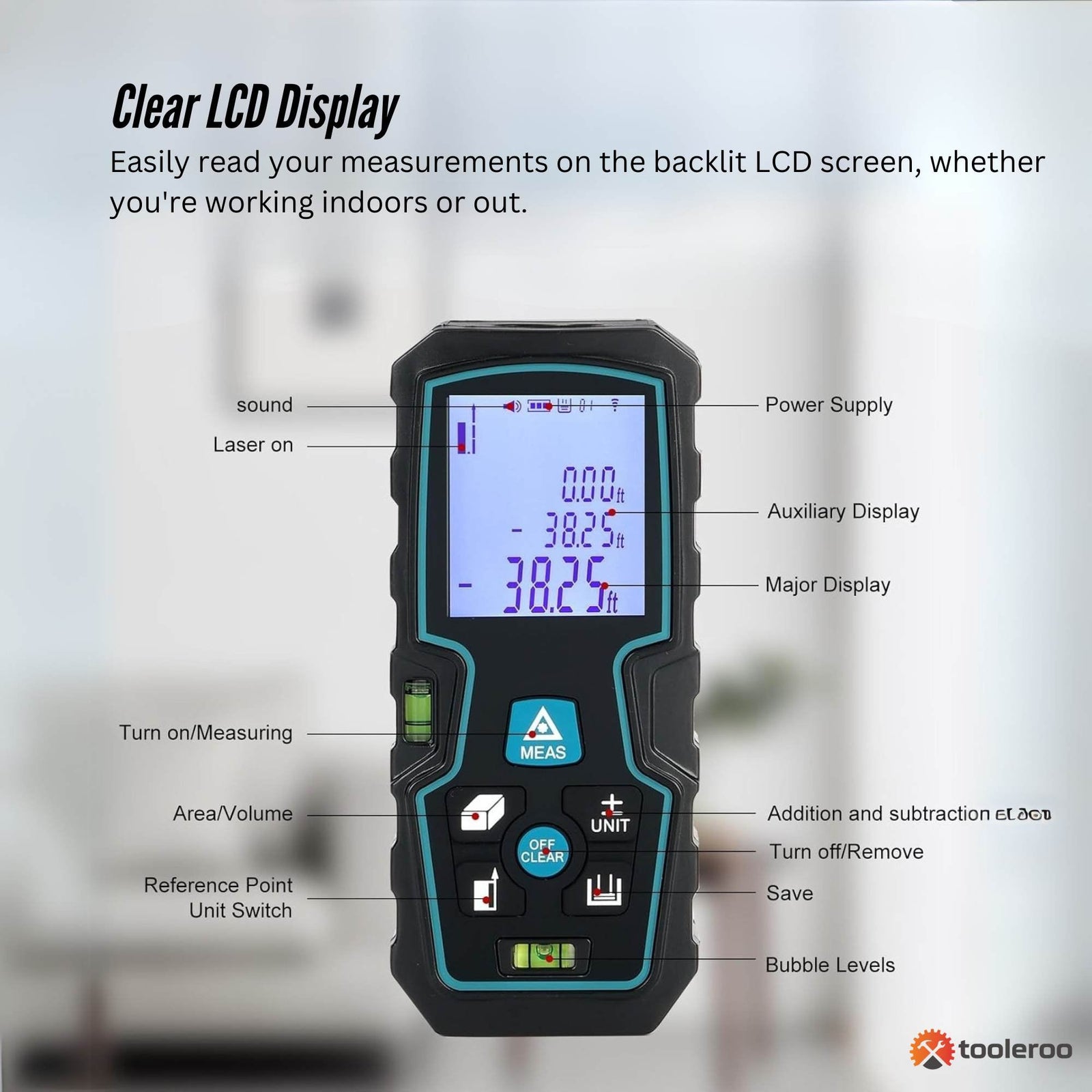 Tooleroo 100m Digital Laser Distance Measurer - LCD Area Volume Meter Tool