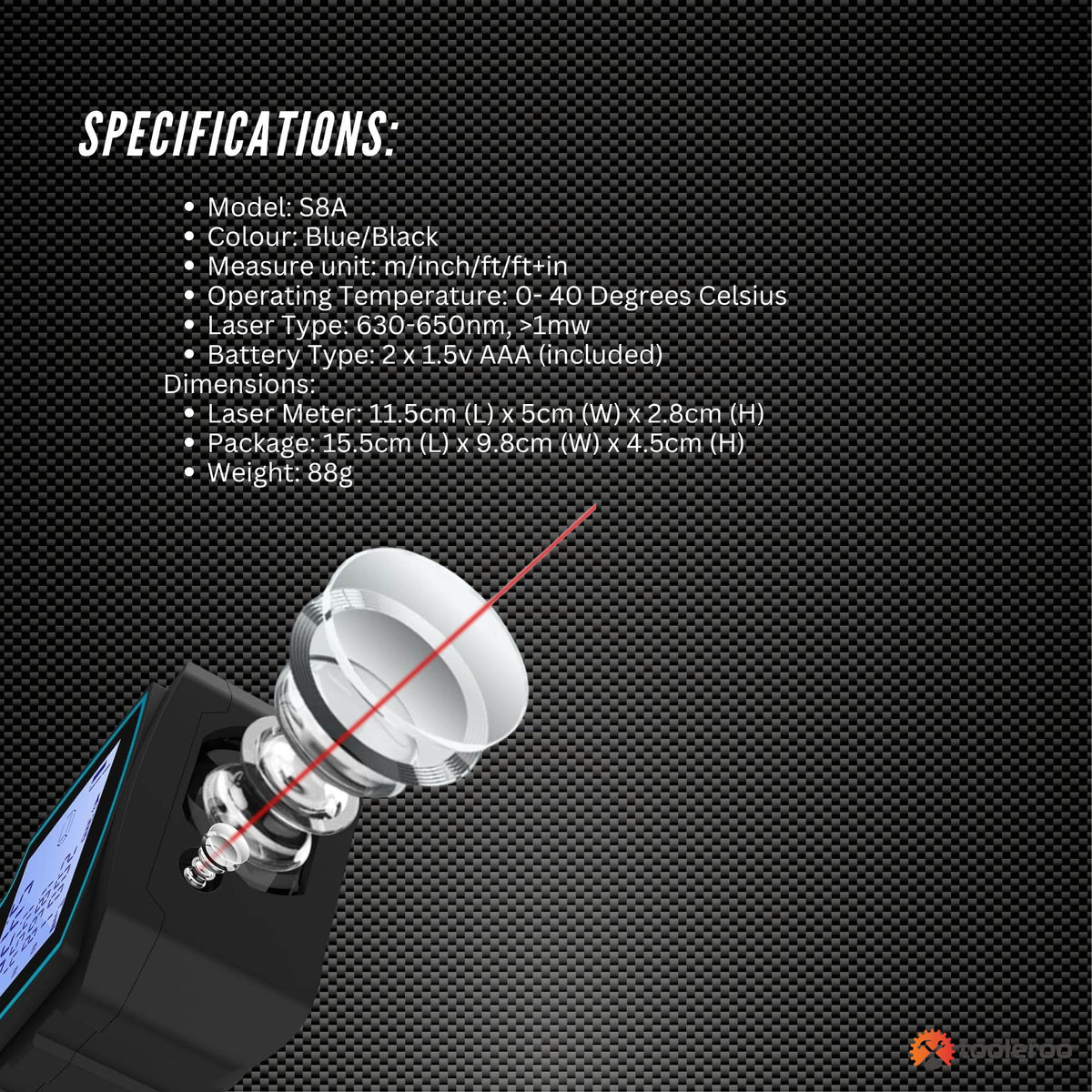 Tooleroo 100m Digital Laser Distance Measurer - LCD Area Volume Meter Tool