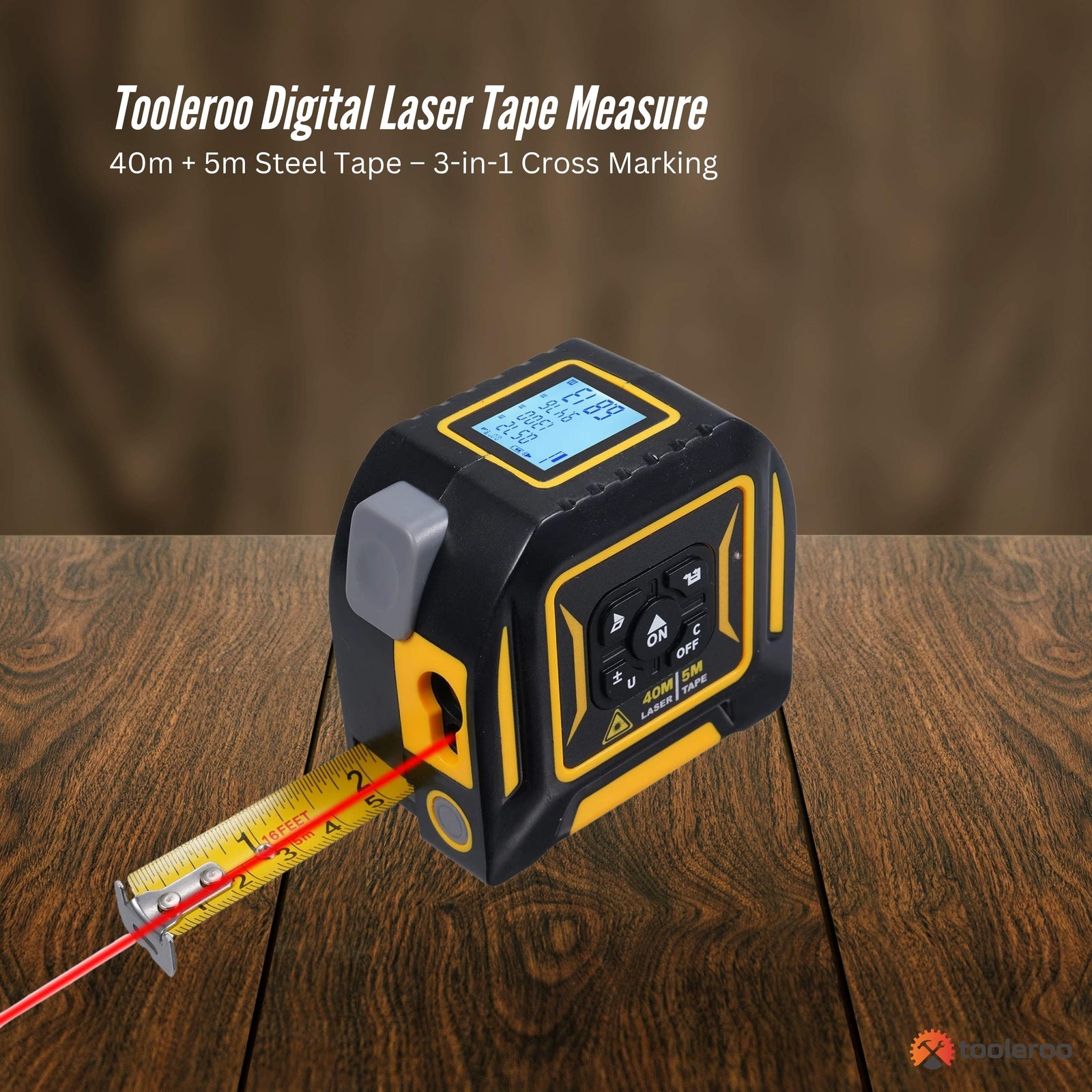 Tooleroo 40m Digital Laser Tape Measure + 5m Steel Tape – 3-in-1 Cross Marking
