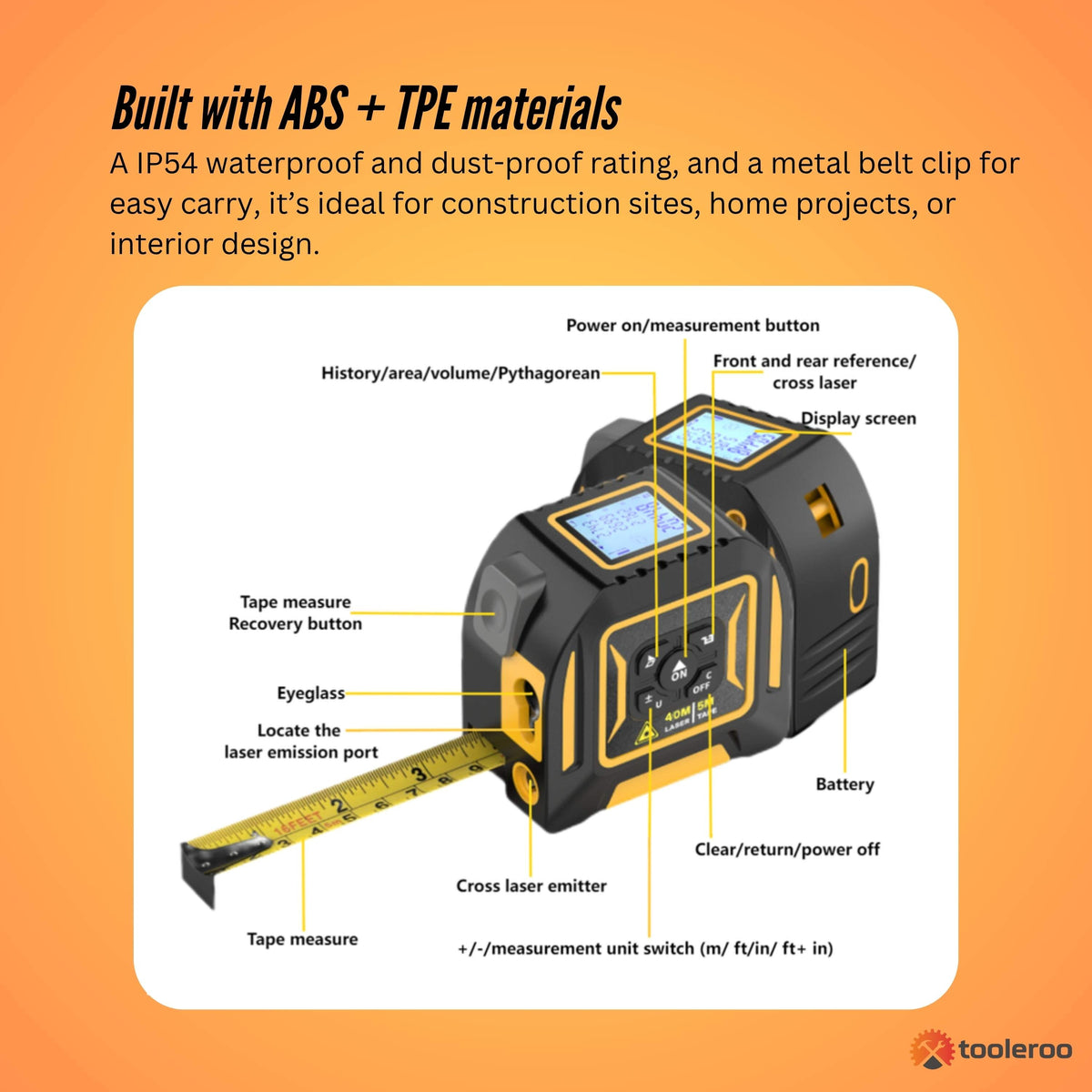 Tooleroo 40m Digital Laser Tape Measure + 5m Steel Tape – 3-in-1 Cross Marking