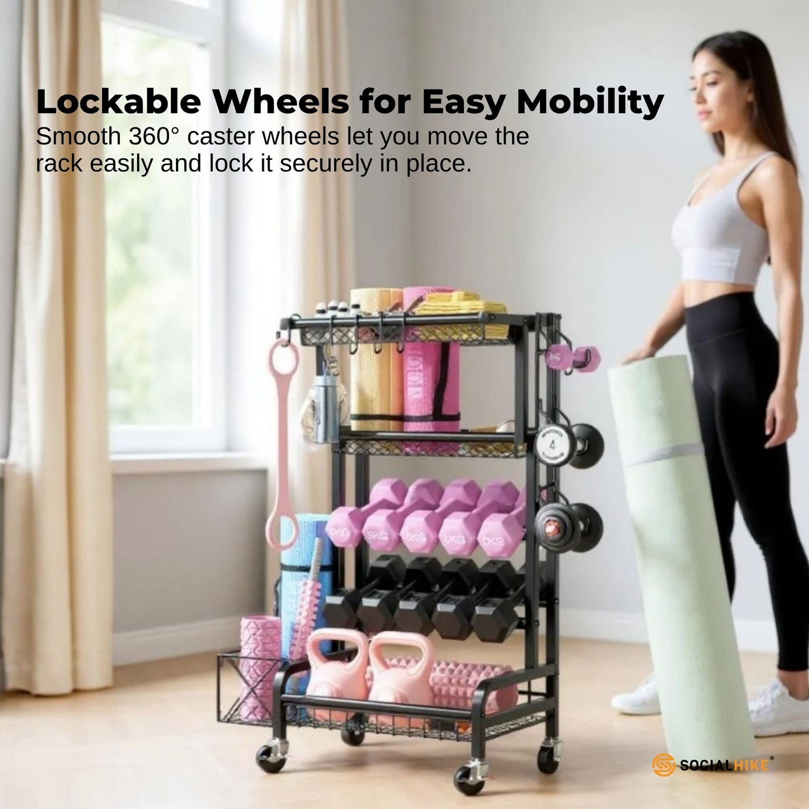 Social Hike Gym Equipment Storage Rack on Wheels - Dumbbells Weights Organiser