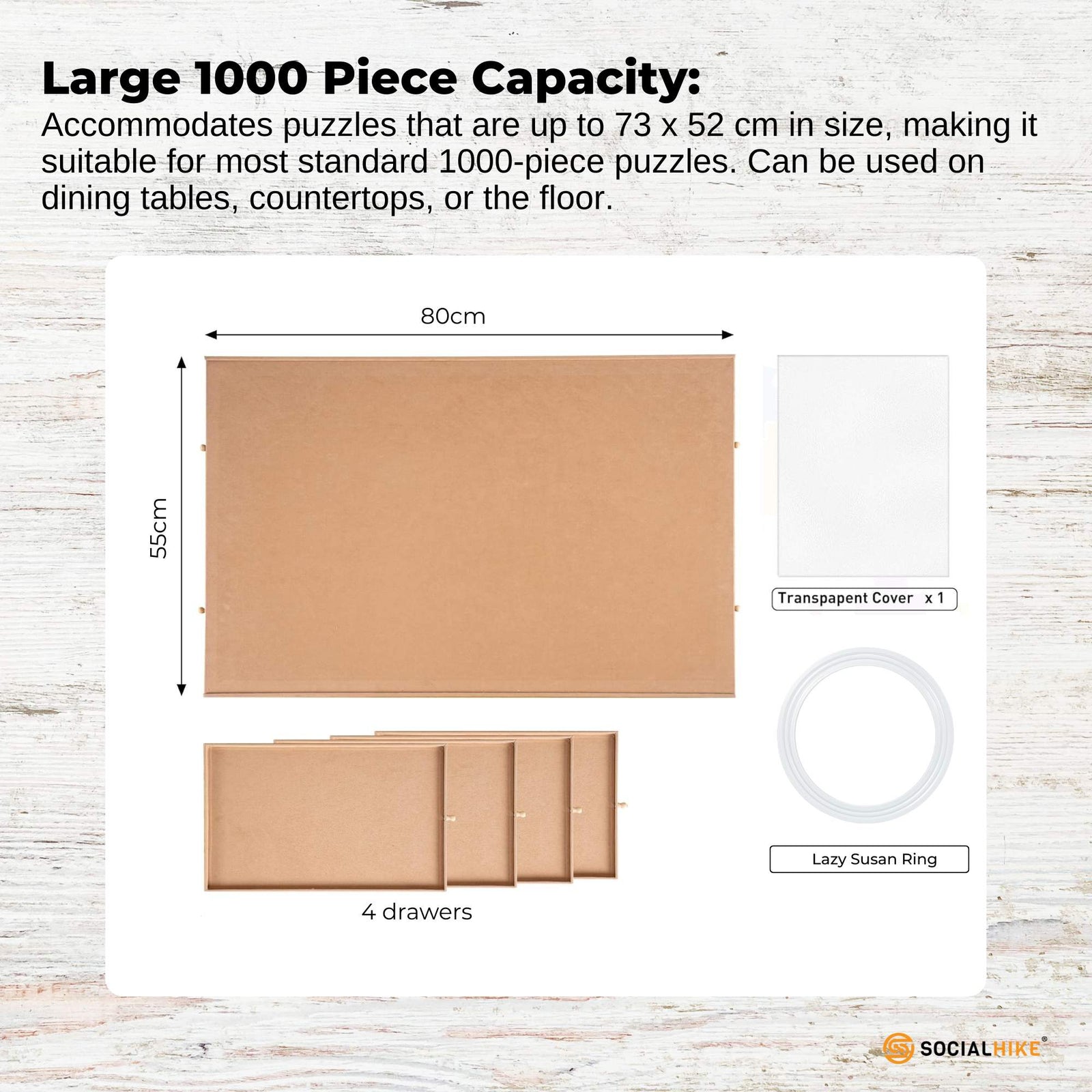 Social Hike 1000pcs Puzzle Board 4 Drawer with Cover -  Wooden Rotating Tabletop