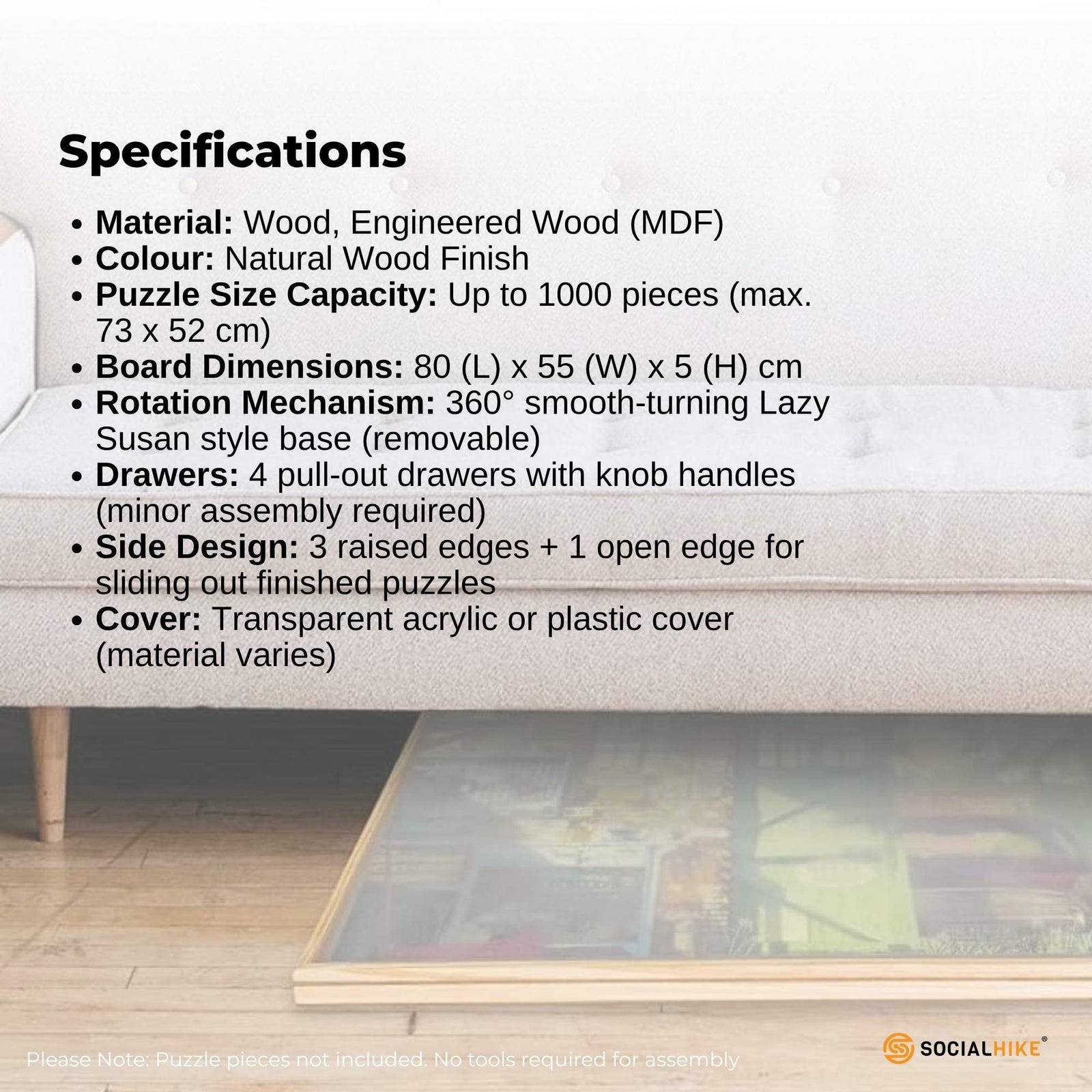 Social Hike 1000pcs Puzzle Board 4 Drawer with Cover -  Wooden Rotating Tabletop