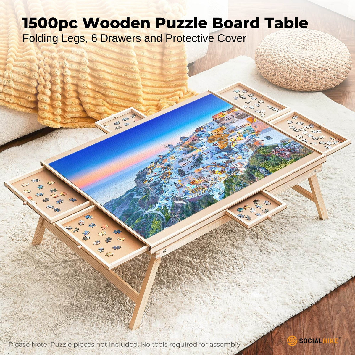 Social Hike 1500pcs Puzzle Board Table 6 Drawer with Cover - Wooden Folding Legs