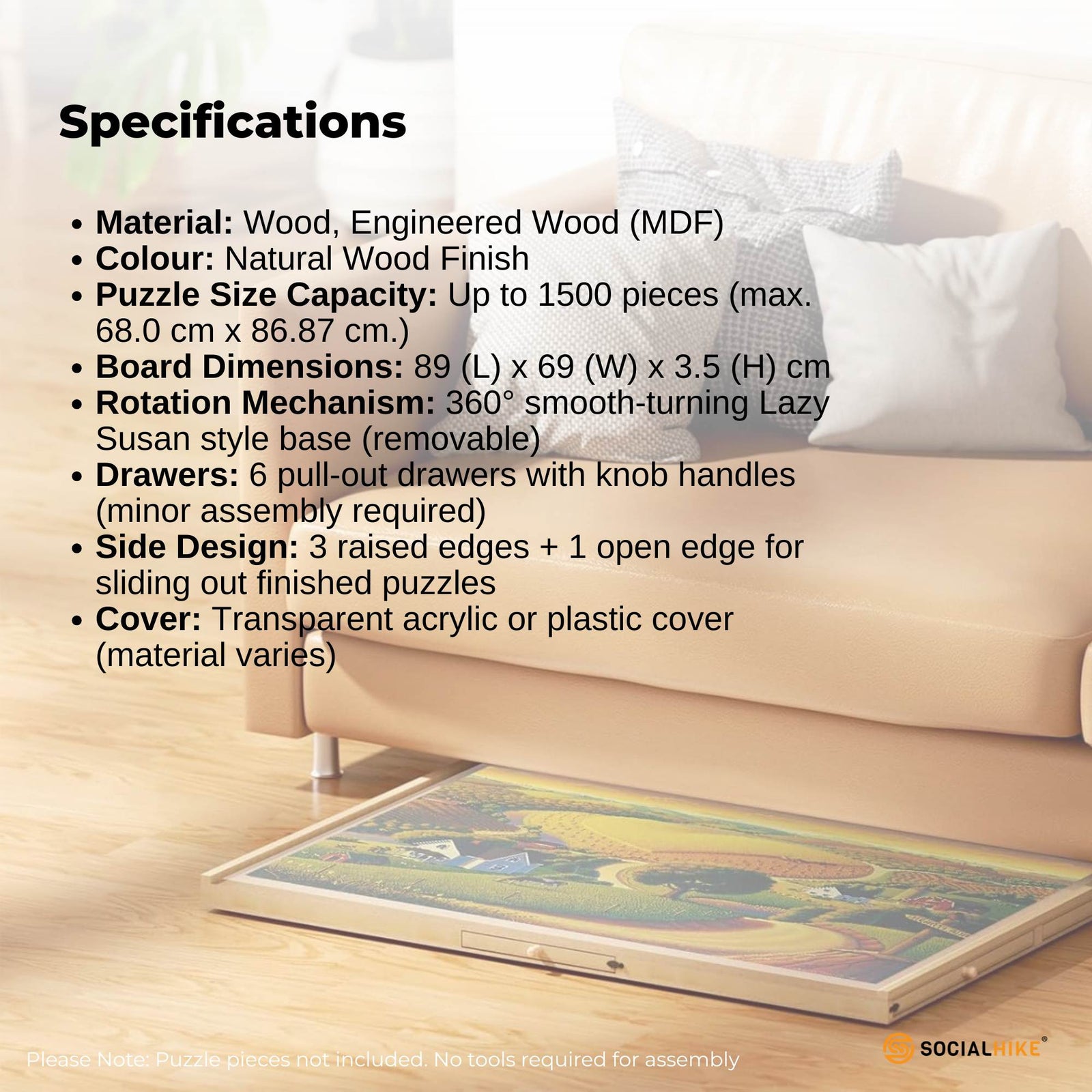 Social Hike 1500pcs Puzzle Board 6 Drawer with Cover - Wooden Rotating Tabletop