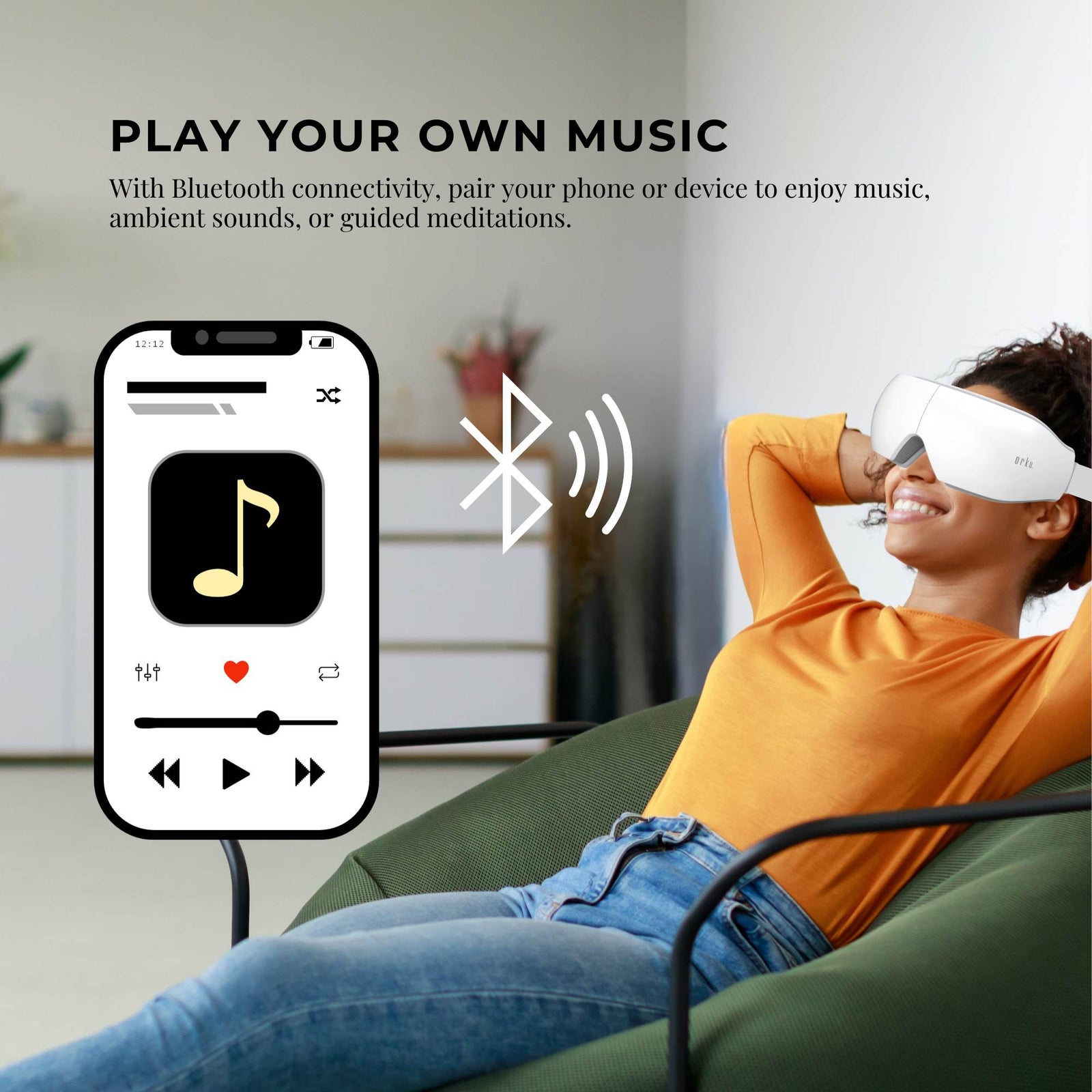 Orku Rechargeable Eye Massager – Vibration Heat Pressure Therapy with Bluetooth