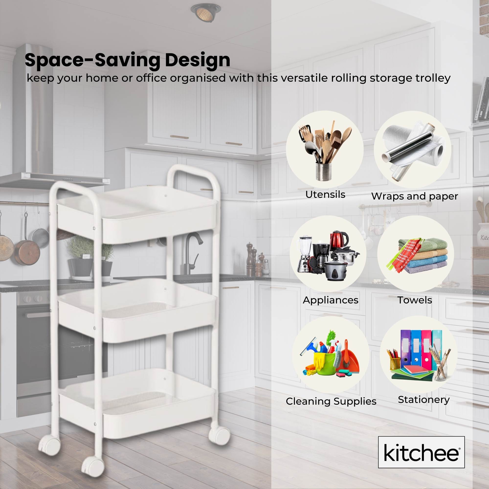 Kitchee 3-Tier Kitchen Storage Cart Trolley with Wheels - Shelf Organiser WHITE