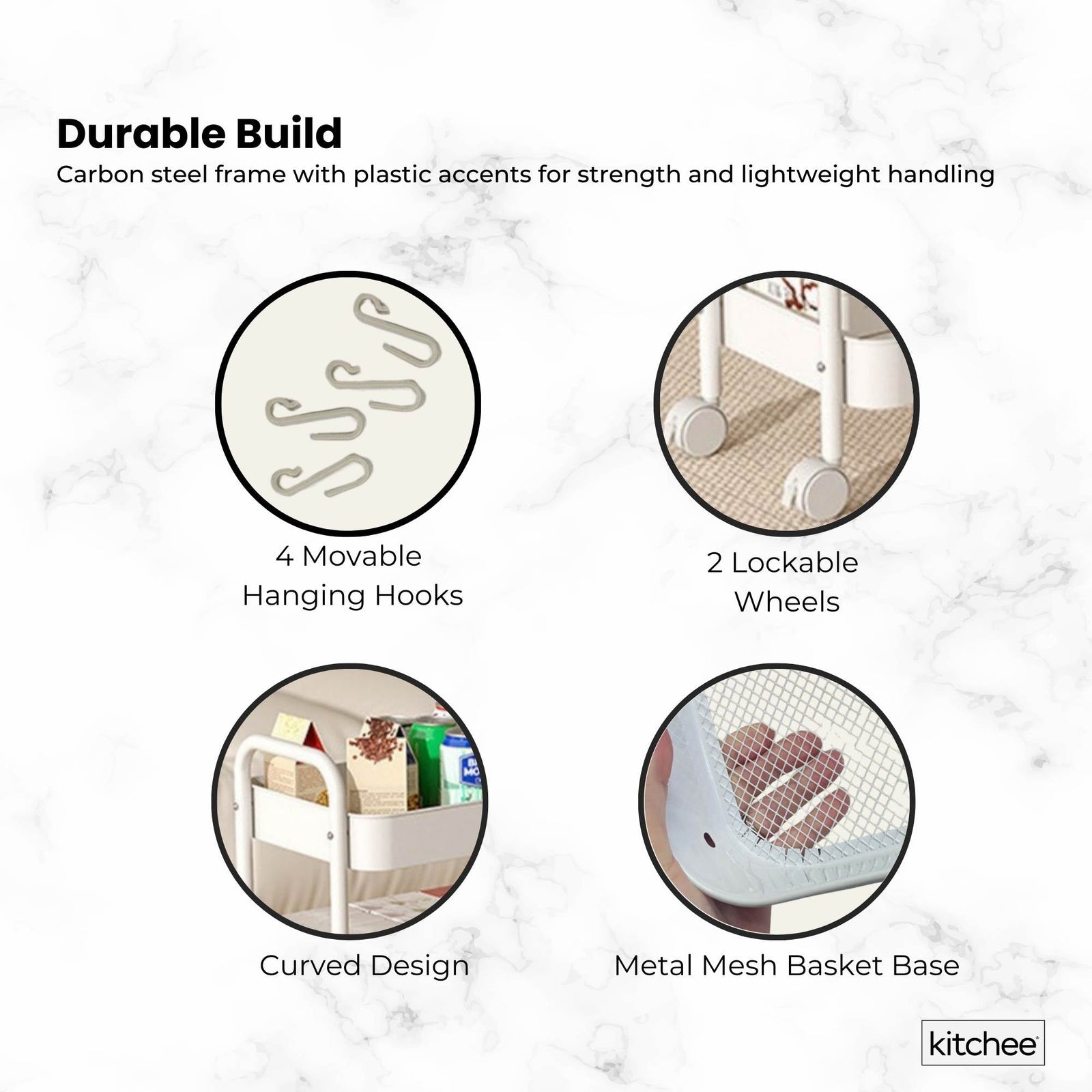 Kitchee 4-Tier Kitchen Storage Cart Trolley with Wheels - Shelf Organiser WHITE