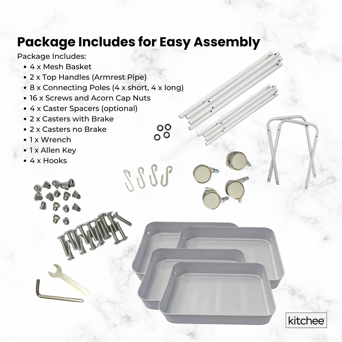 Kitchee 4-Tier Kitchen Storage Cart Trolley with Wheels - Shelf Organiser WHITE