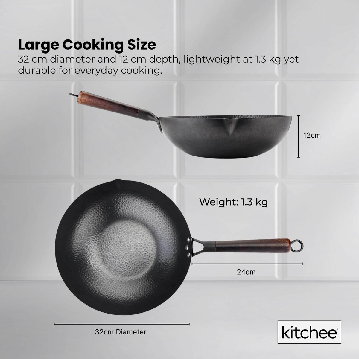 Kitchee 32cm Carbon Steel Wok Set Flat Bottom with Wood Lid + Spatula - Induction Ready