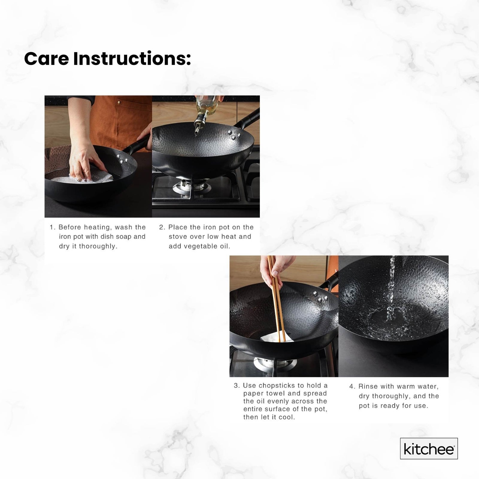 Kitchee 32cm Carbon Steel Wok Set Flat Bottom with Wood Lid + Spatula - Induction Ready