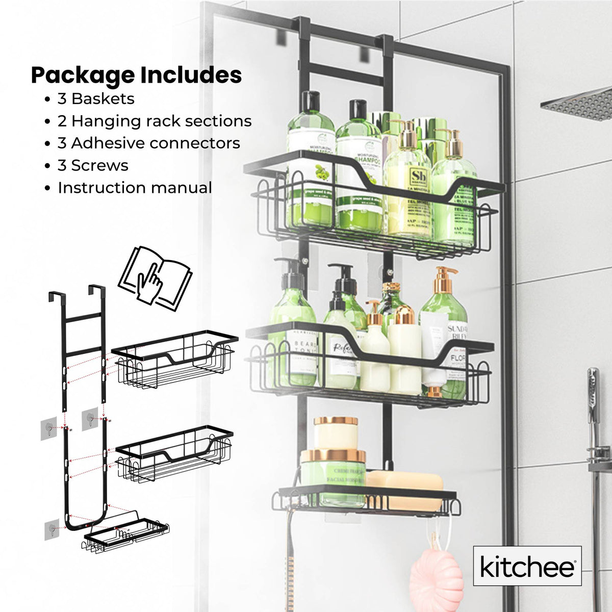 Kitchee 3 Tier Shower Caddy Over Door Bathroom Hanging Shelf Storage Rack Black