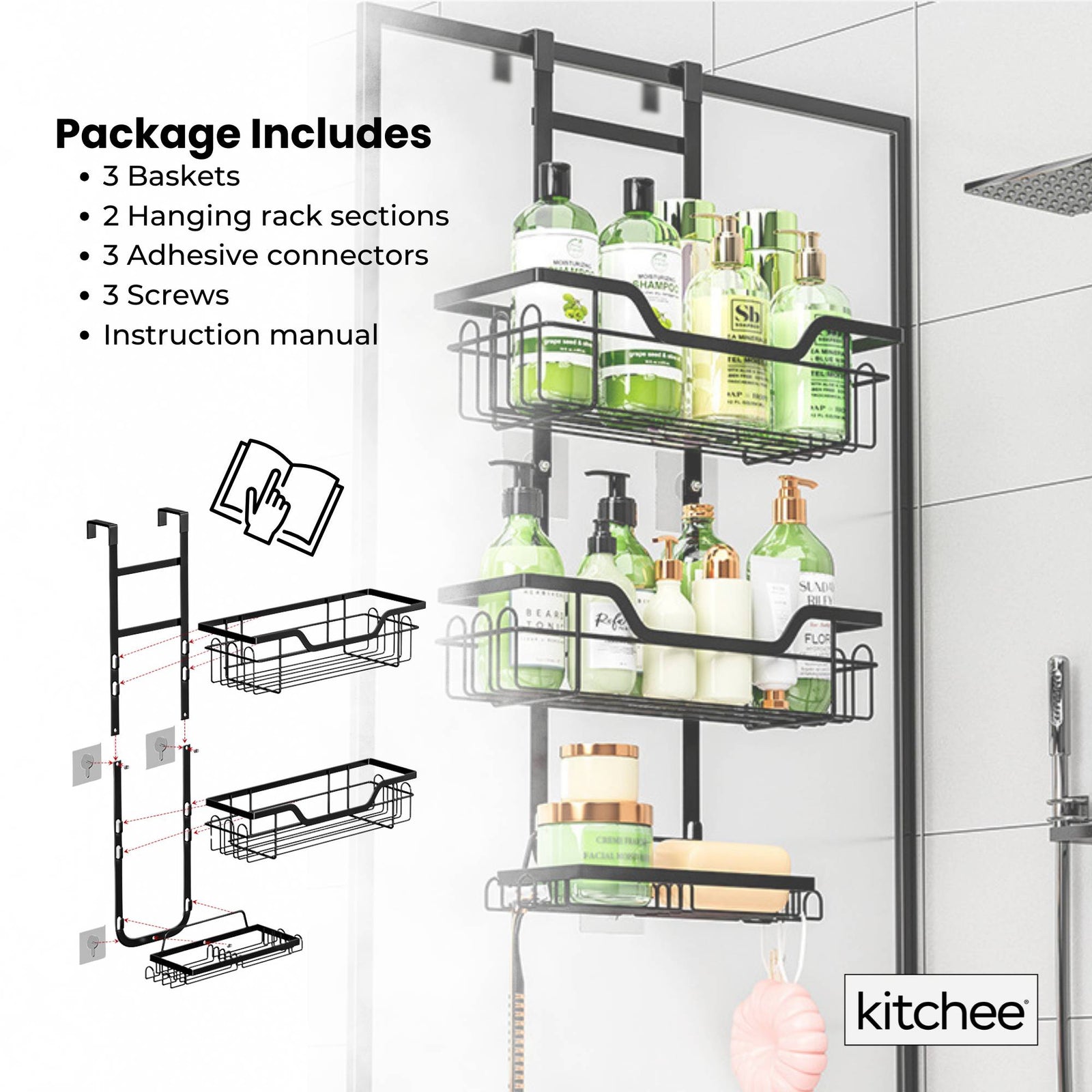 Kitchee 3 Tier Shower Caddy Over Door Bathroom Hanging Shelf Storage Rack Black