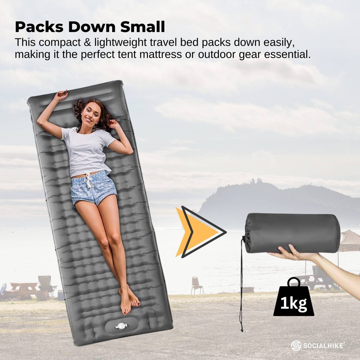 Social Hike Step-Inflating Camping Mattress Lightweight Waterproof Sleeping Grey