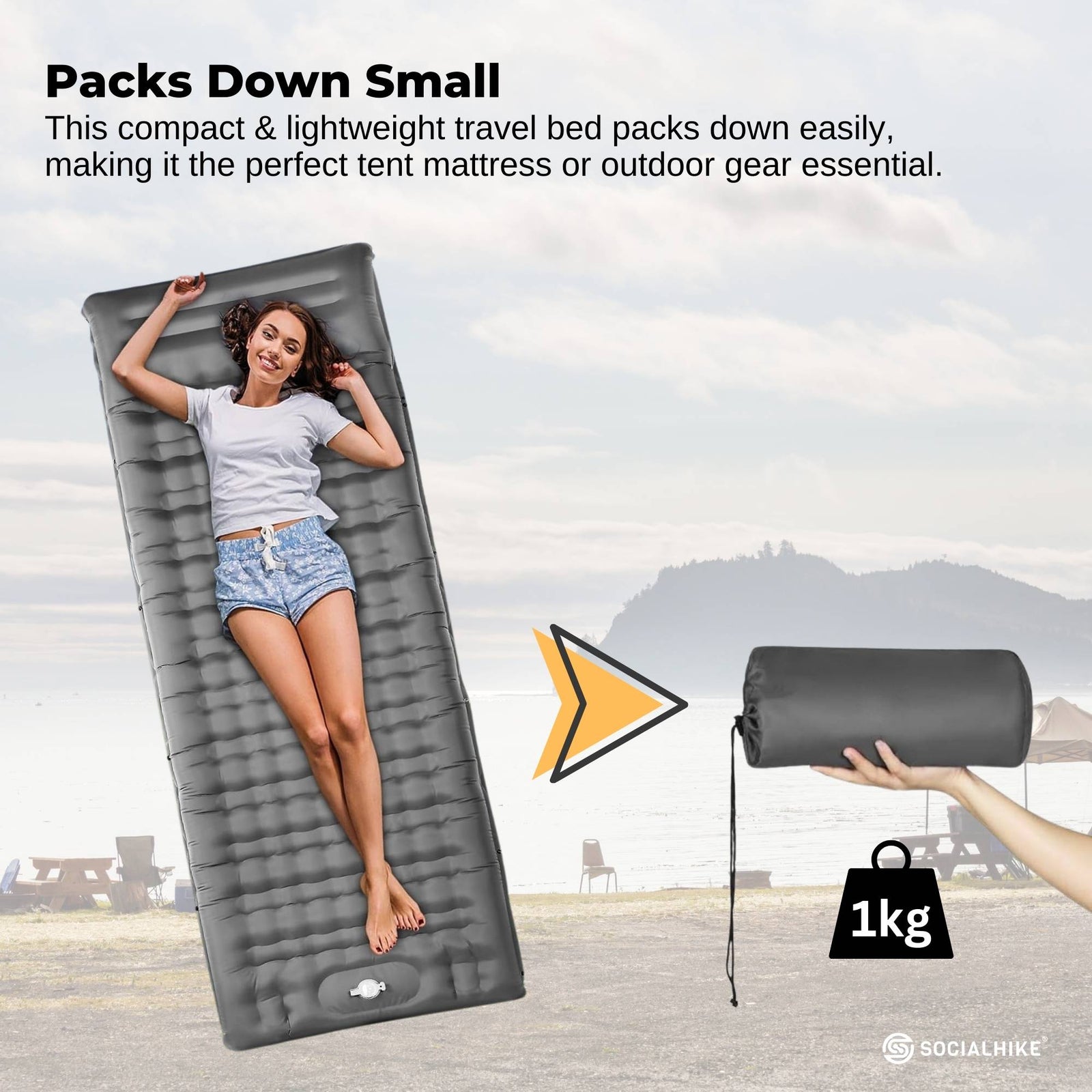 Social Hike Step-Inflating Camping Mattress Lightweight Waterproof Sleeping Grey