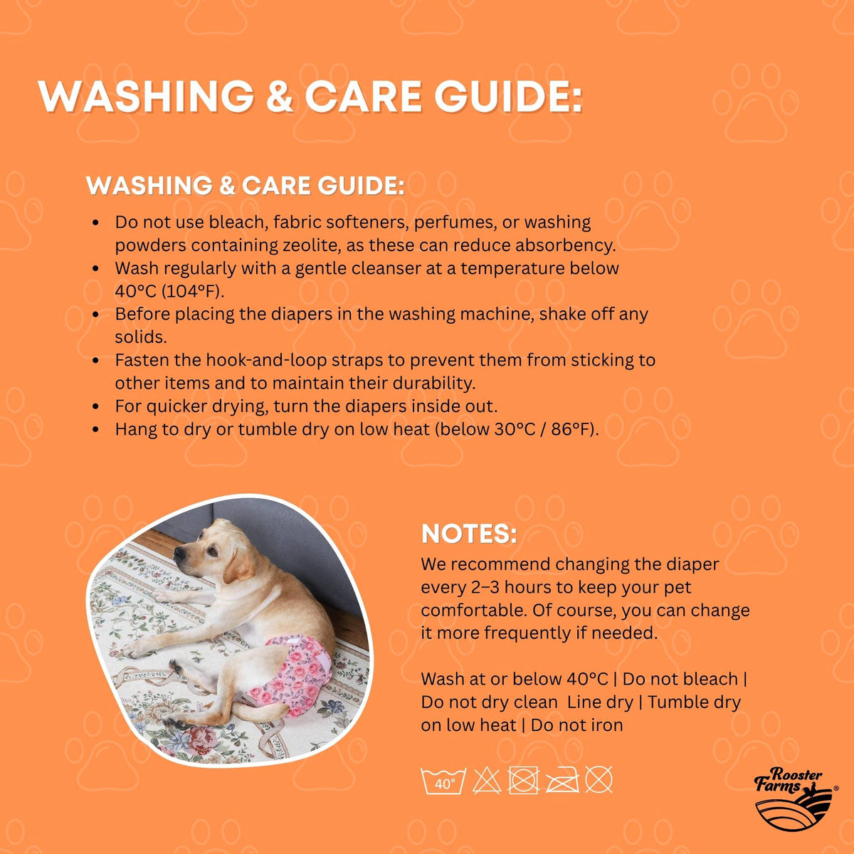 Rooster Farms Male Dog Diapers Medium 3Pk - Washable Reusable Nappies Hook/Loop