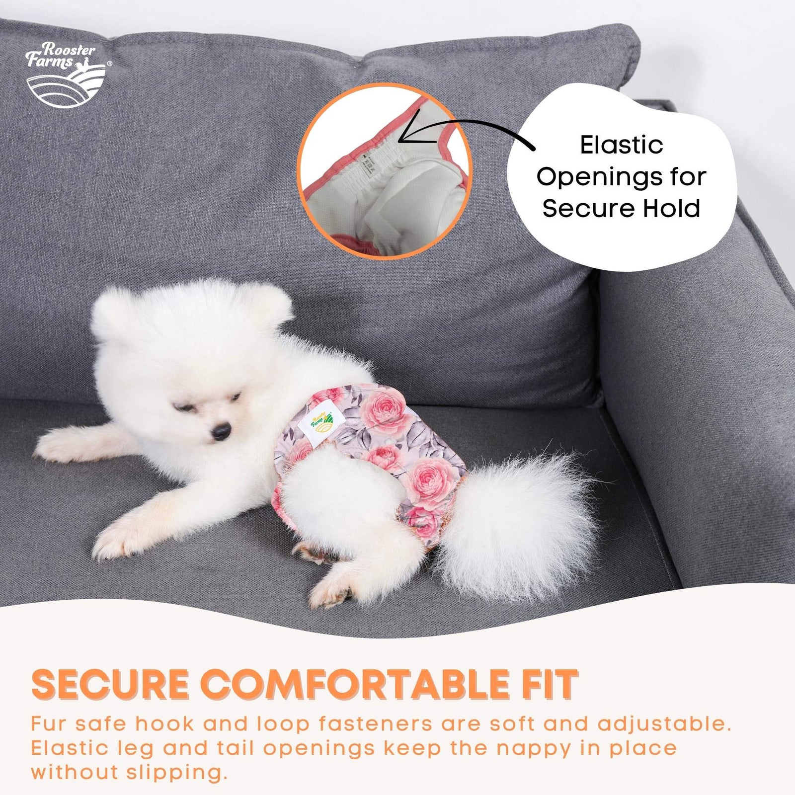 Rooster Farms Female Dog Diapers Small 3Pk - Washable Reusable Nappies Hook/Loop