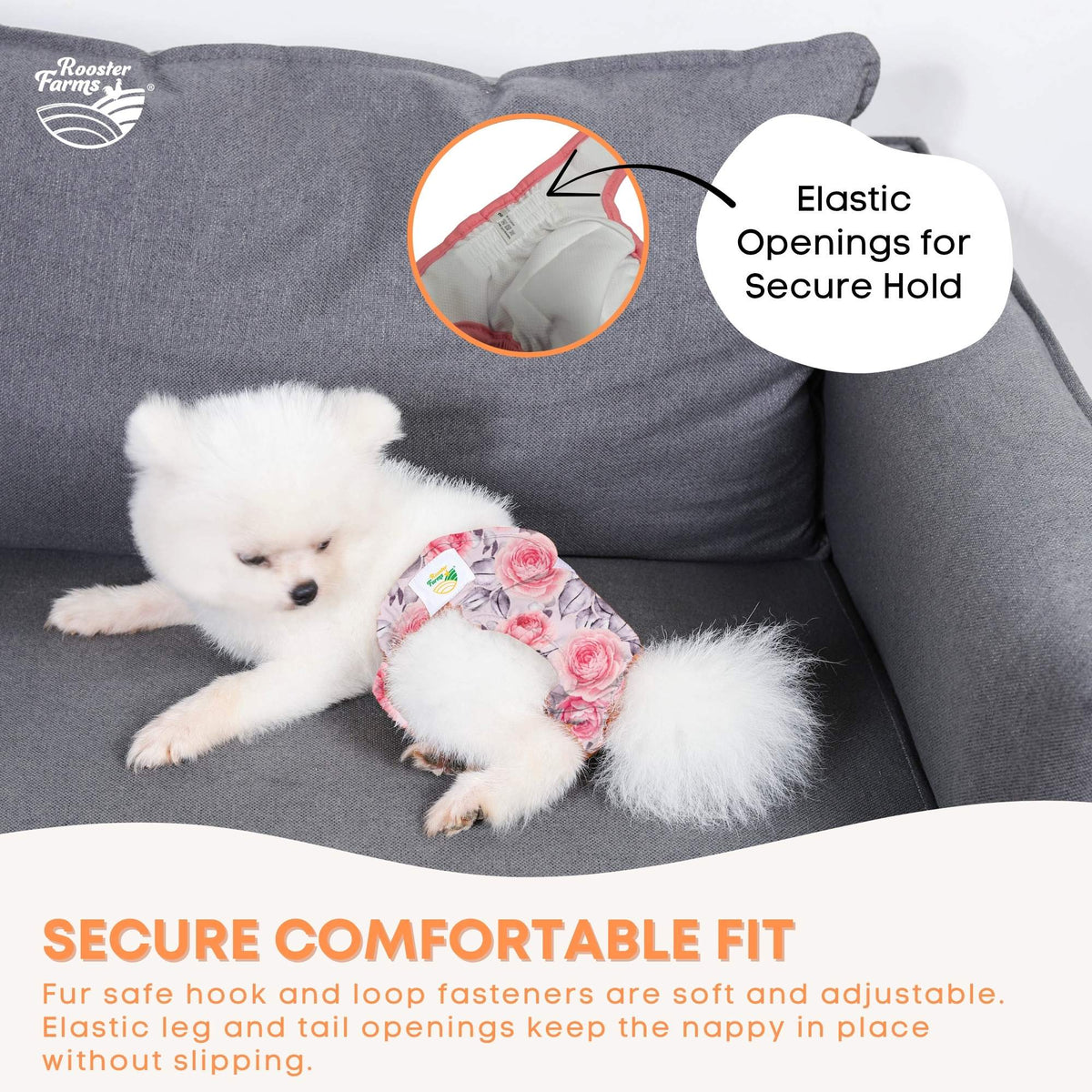 Rooster Farms Female Dog Diapers Medium 3Pk - Washable Reusable Nappy Hook/Loop