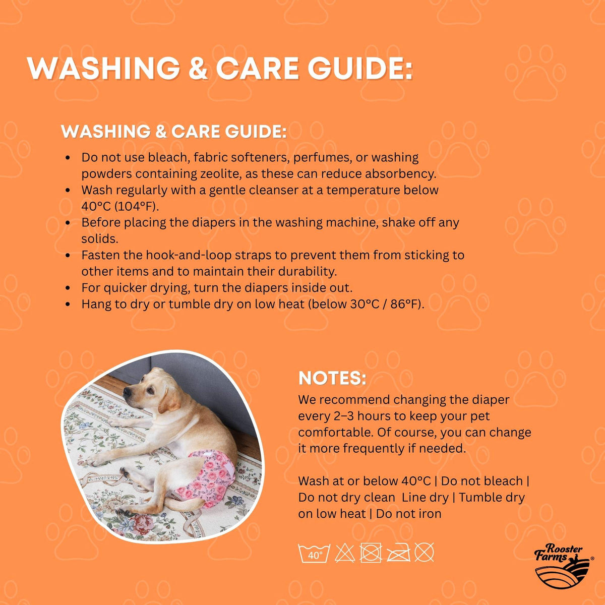 Rooster Farms Female Dog Diapers Large 3Pk - Washable Reusable Nappies Hook/Loop