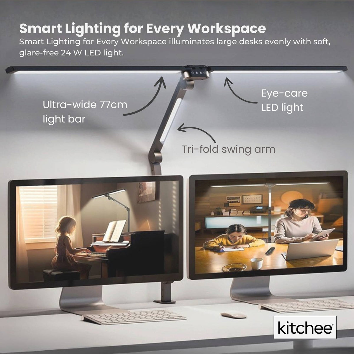 Kitchee Tri-Fold LED Desk Lamp with Clamp - Swinging Arm Eye-Care Dimmable Light