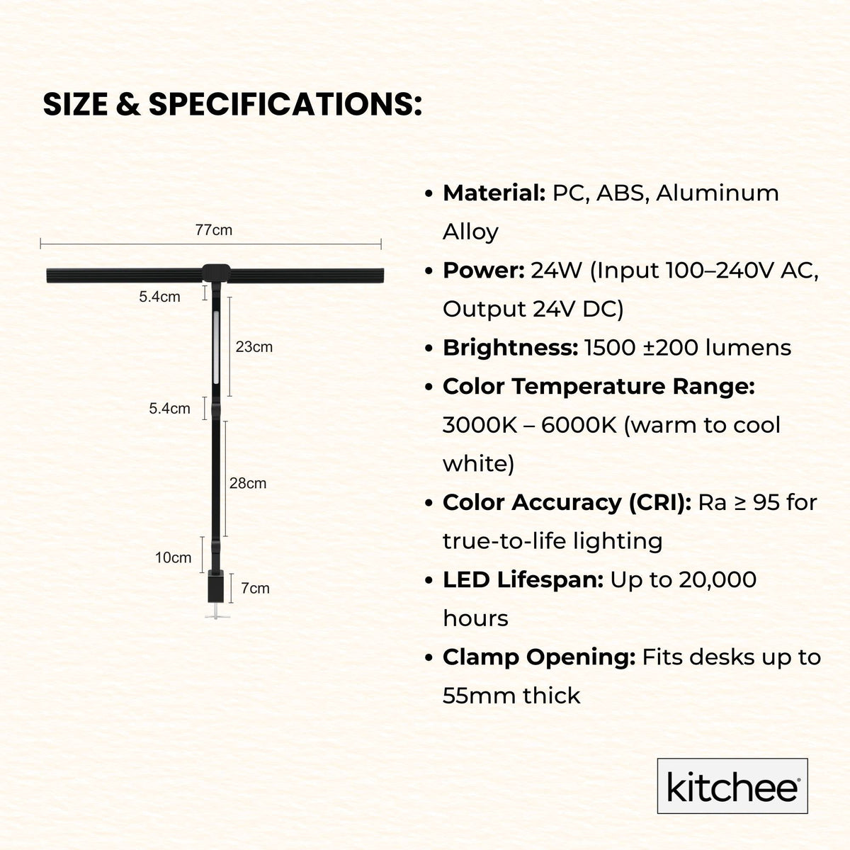 Kitchee Tri-Fold LED Desk Lamp with Clamp - Swinging Arm Eye-Care Dimmable Light