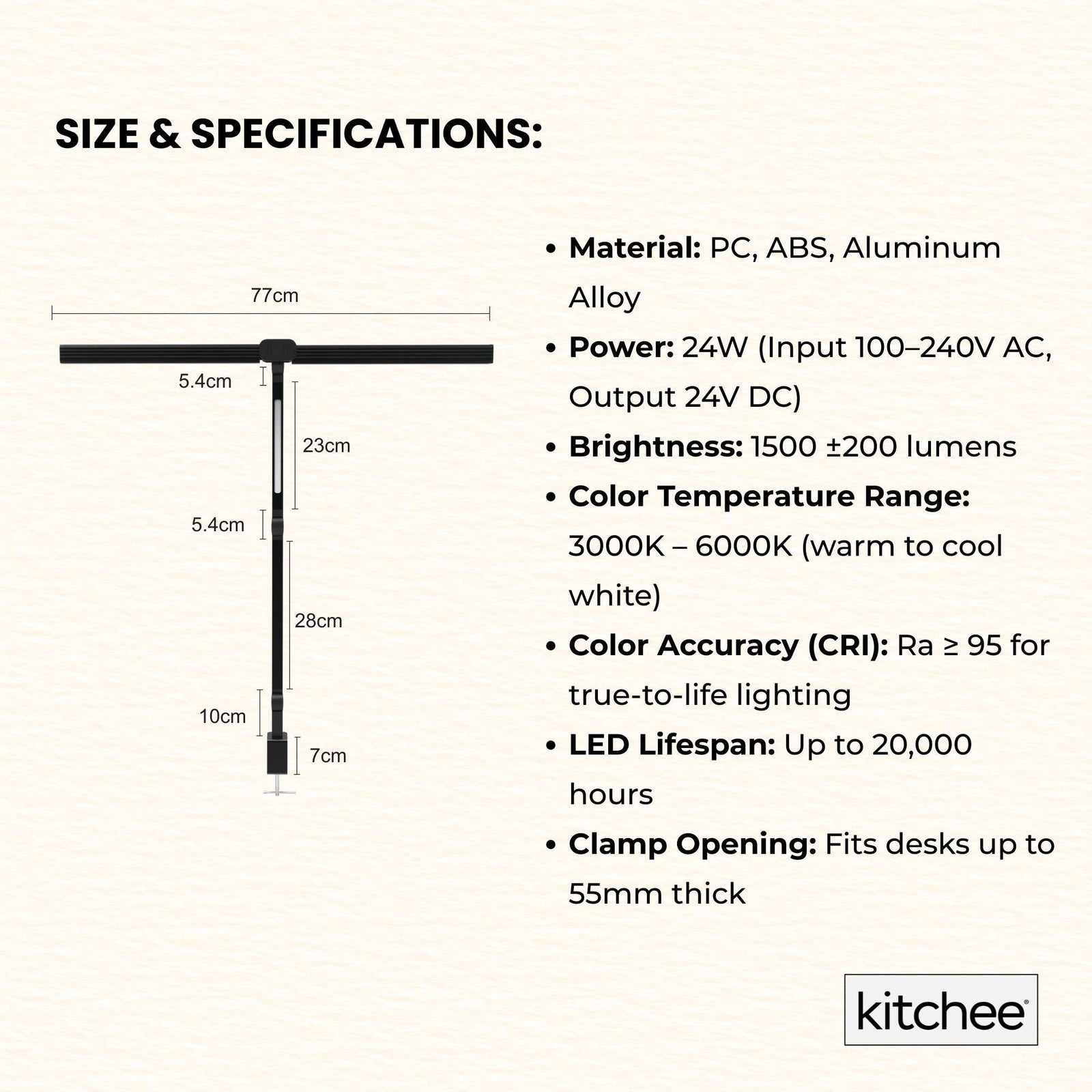 Kitchee Tri-Fold LED Desk Lamp with Clamp - Swinging Arm Eye-Care Dimmable Light