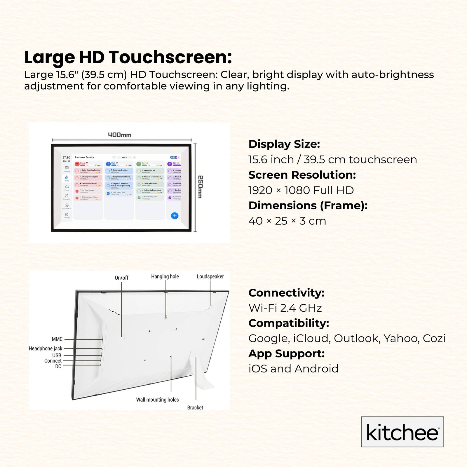 Kitchee Digital Calendar Smart Family Planner - 39.5cm Touchscreen Display Black