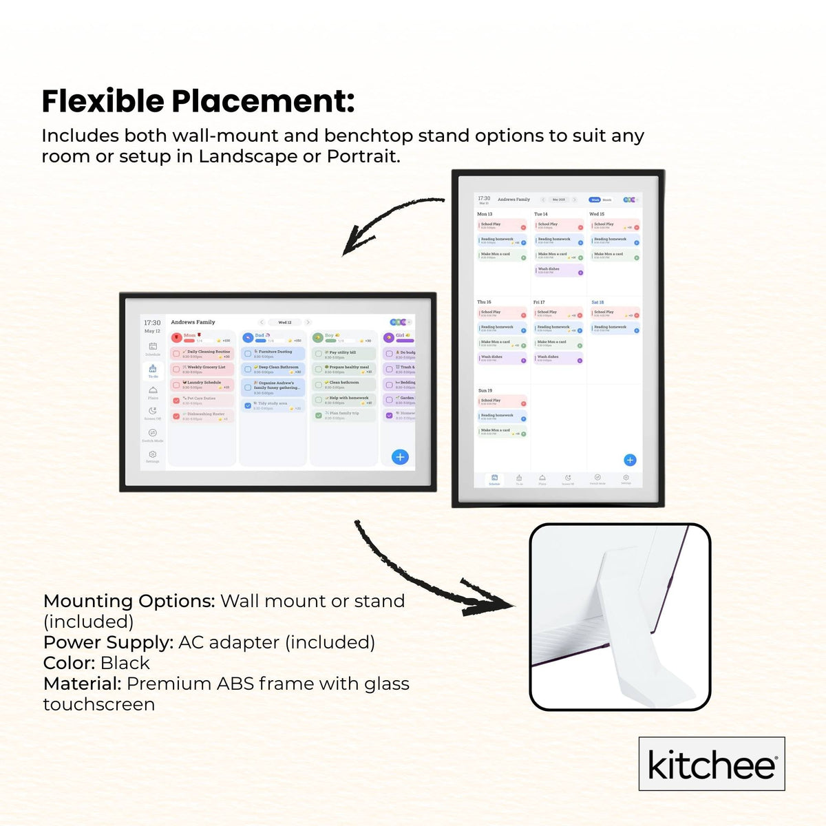 Kitchee Digital Calendar Smart Family Planner - 39.5cm Touchscreen Display Black