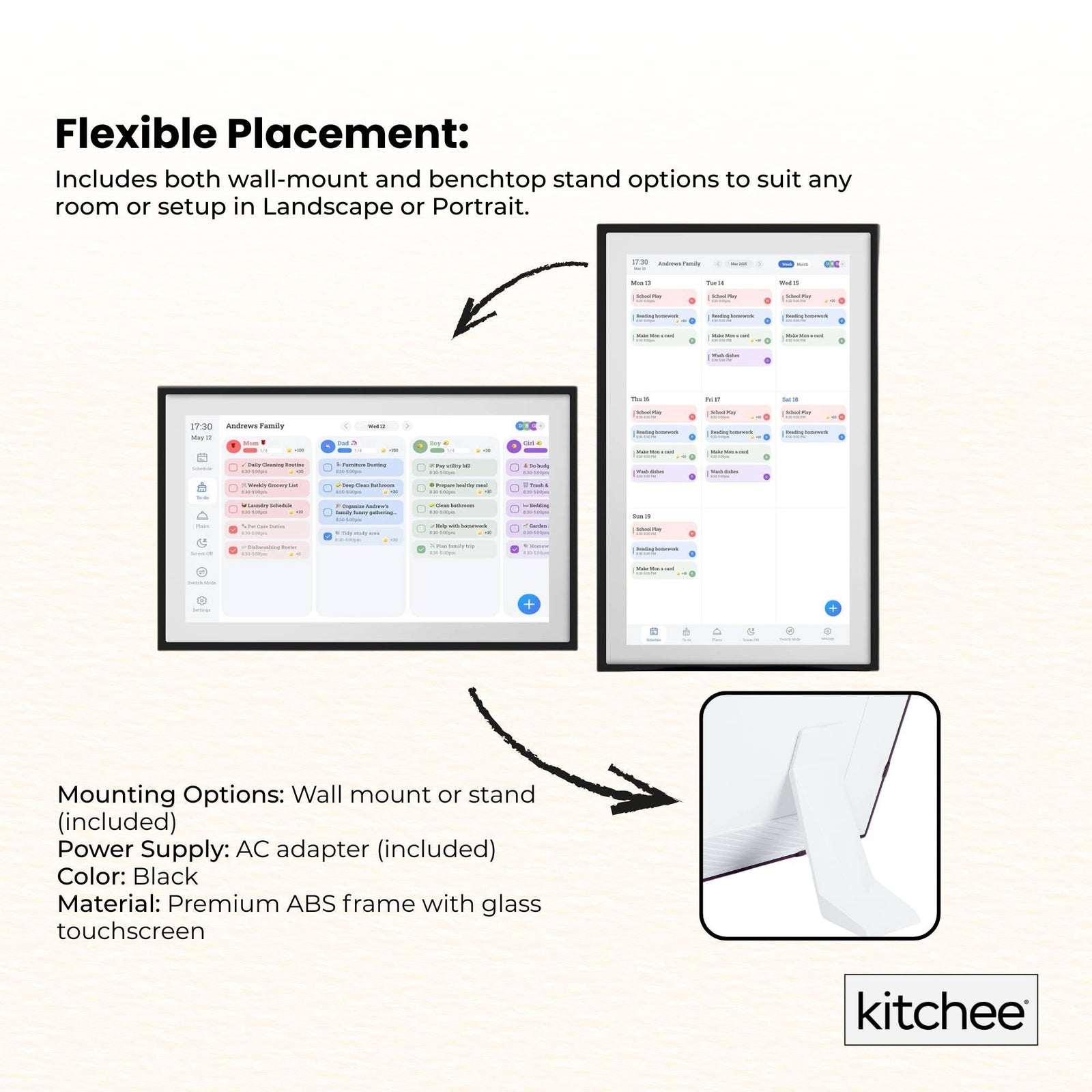Kitchee Digital Calendar Smart Family Planner - 39.5cm Touchscreen Display Black