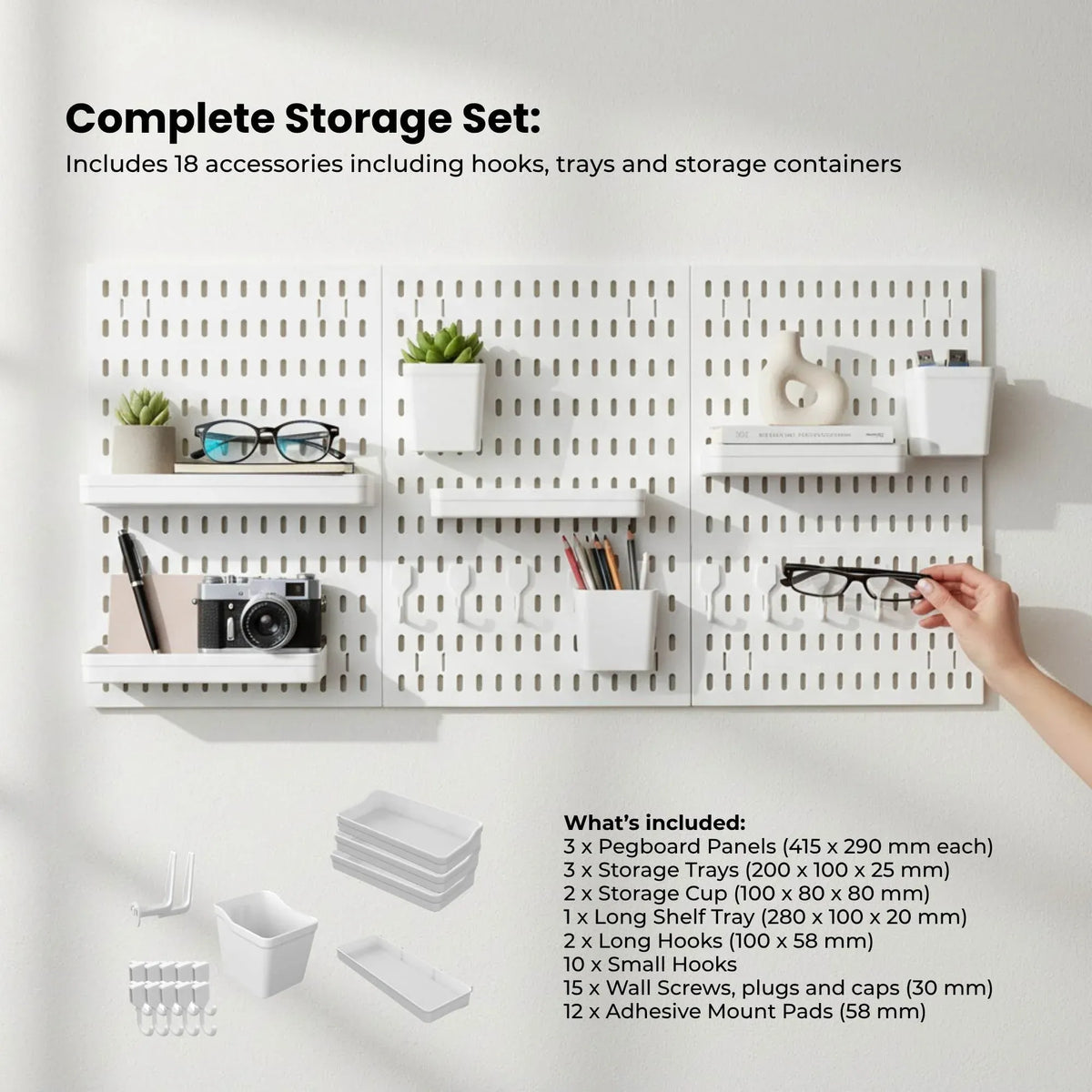 Kitchee Pegboard Wall Organiser Storage Kit 18 Hook and Basket Accessories White