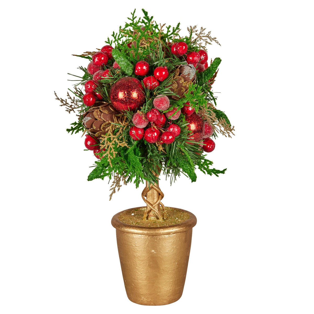 Christabelle 36cm Christmas Tabletop Topiary Tree Pre-Decorated Berries, Baubles &amp; Pine Cones Gold Pot Twisted Stem Festive Decoration
