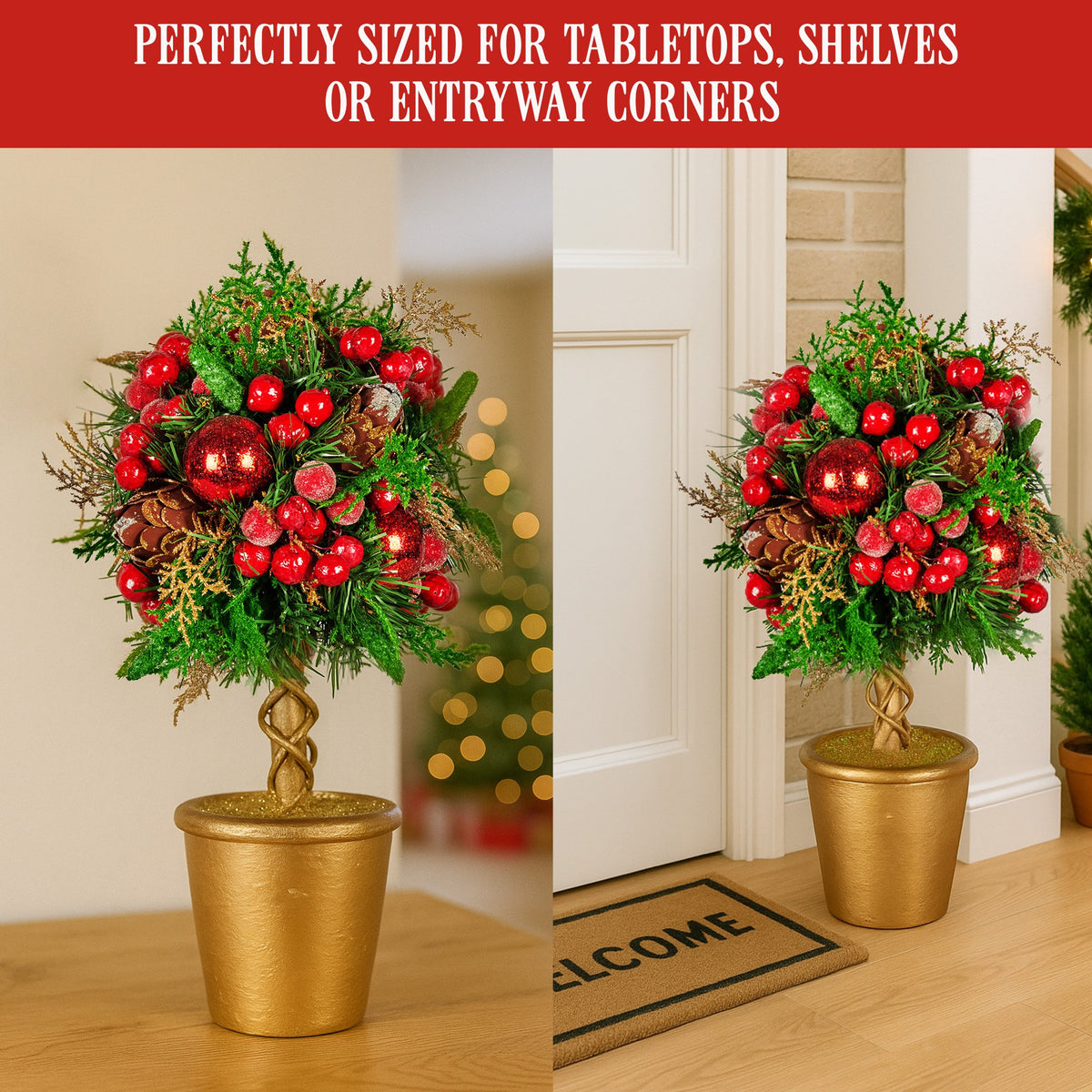 Christabelle 36cm Christmas Tabletop Topiary Tree Pre-Decorated Berries, Baubles & Pine Cones Gold Pot Twisted Stem Festive Decoration