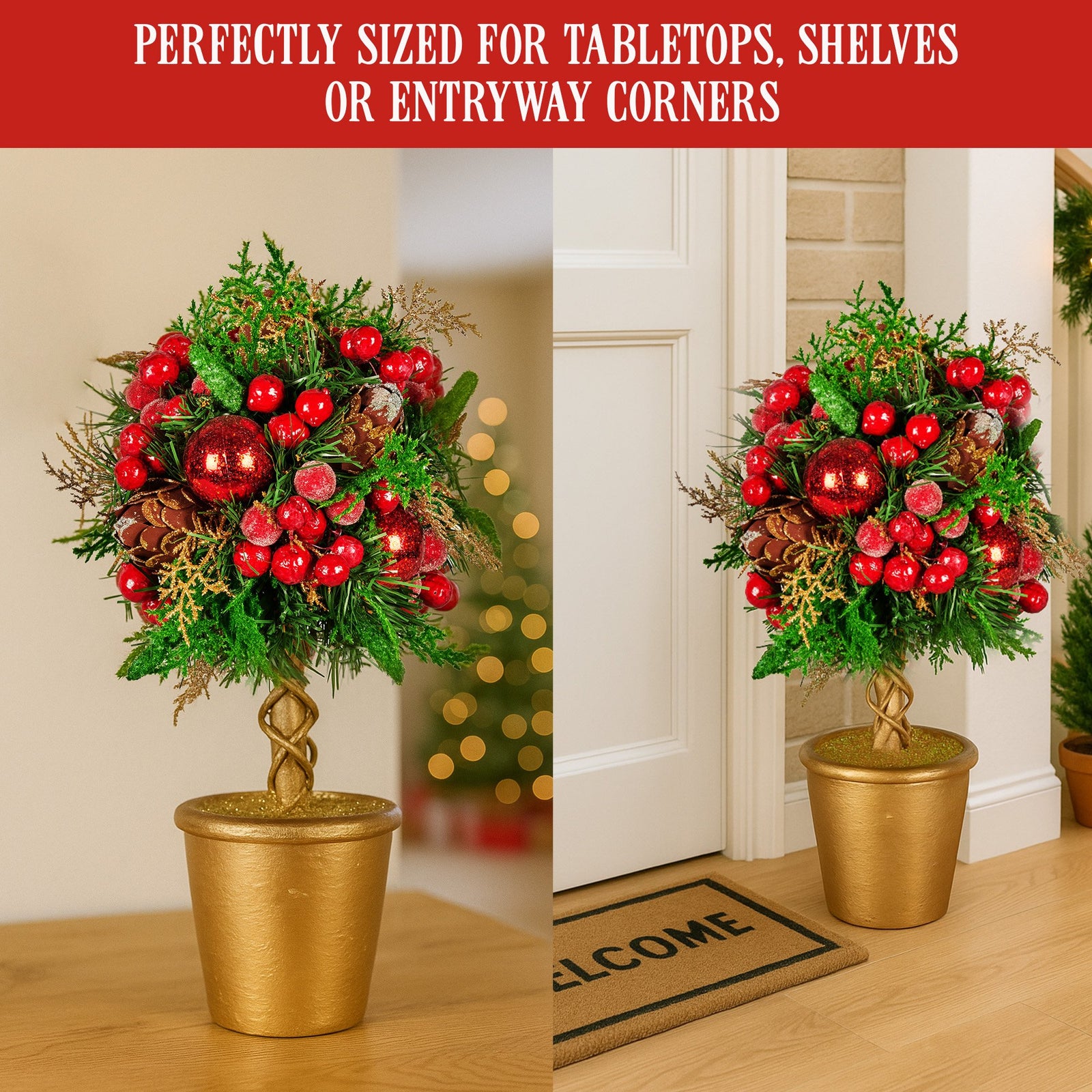 Christabelle 36cm Christmas Tabletop Topiary Tree Pre-Decorated Berries, Baubles & Pine Cones Gold Pot Twisted Stem Festive Decoration