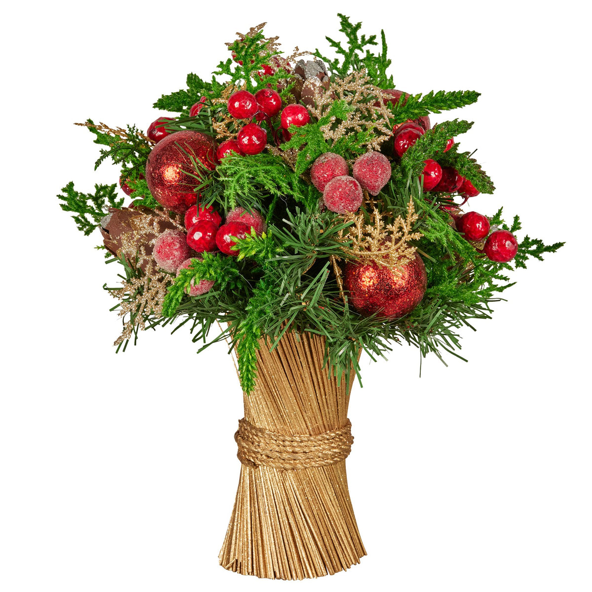 Christabelle 33cm Christmas Bouquet Pre-Decorated Holiday Floral Arrangement with Berries, Baubles &amp; Pine Cones Festive Tabletop Centrepiece Decoration