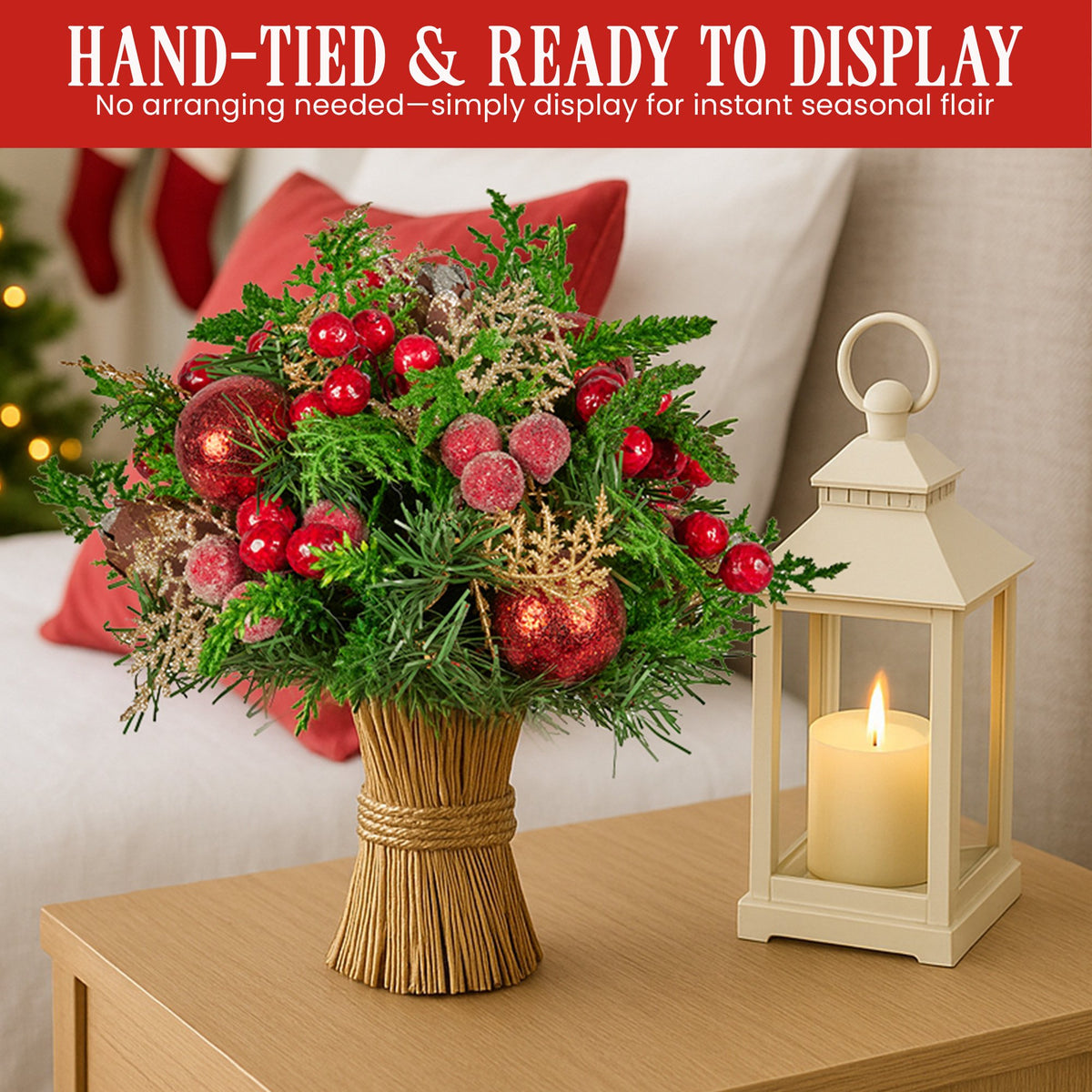 Christabelle 33cm Christmas Bouquet Pre-Decorated Holiday Floral Arrangement with Berries, Baubles & Pine Cones Festive Tabletop Centrepiece Decoration