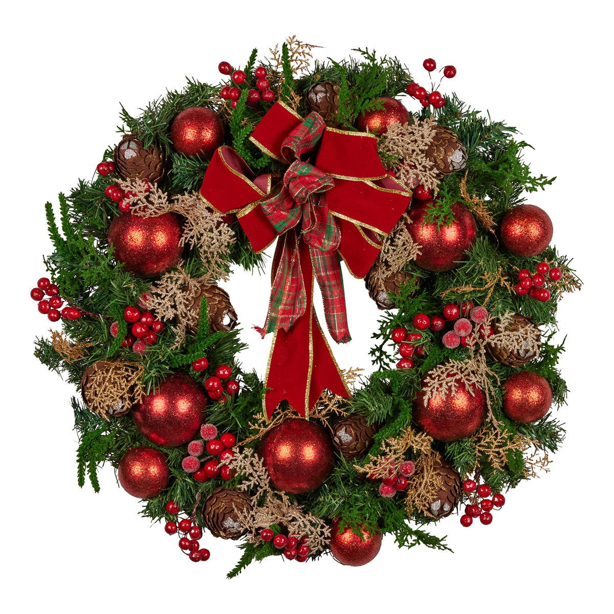 Christabelle 56cm Christmas Wreath Lush Green Holiday Door Wreath with Red Berries, Baubles &amp; Pine Cones Pre-Decorated Festive Wall or Front Door Decoration