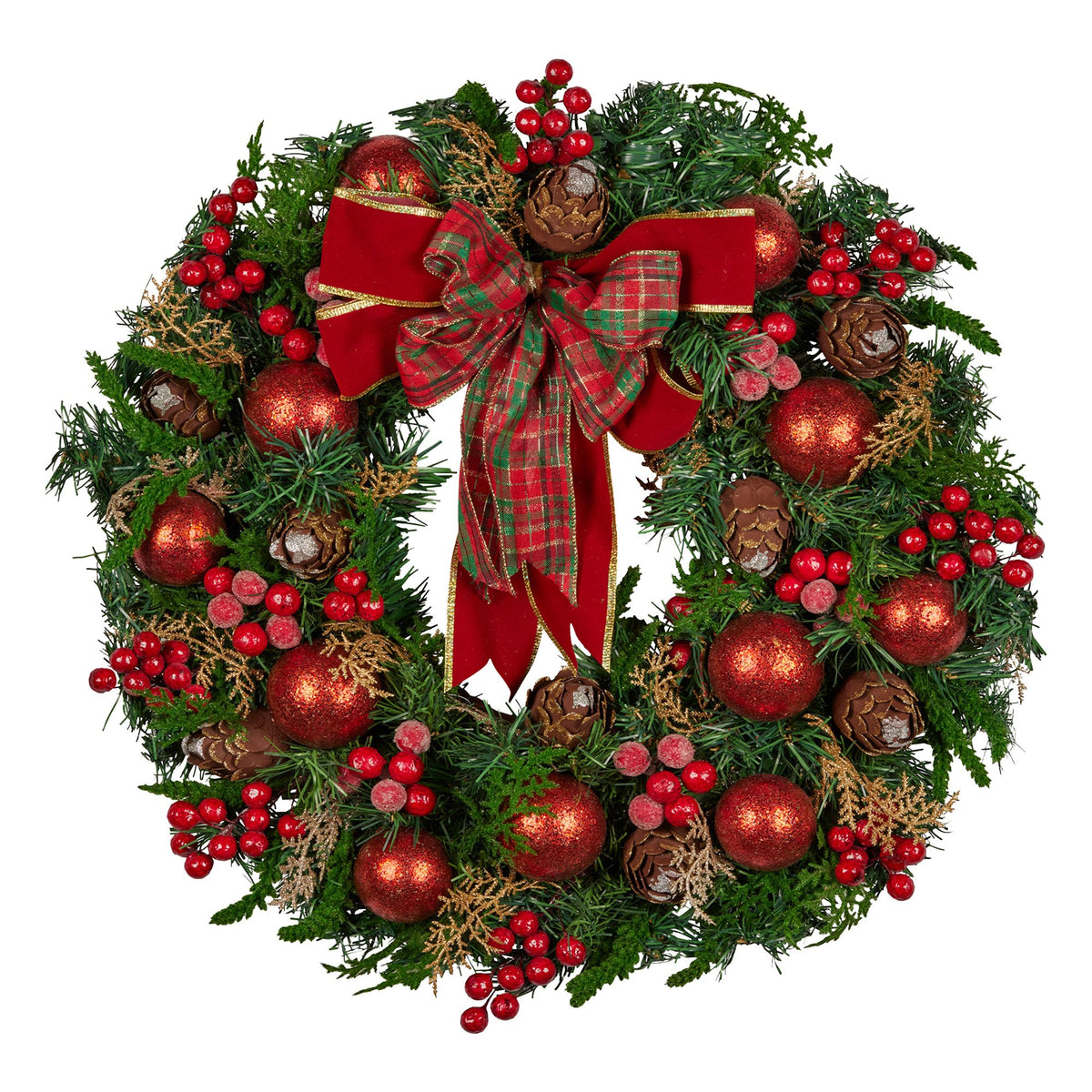 Christabelle 71cm Christmas Wreath Lush Green Holiday Door Wreath with Red Berries, Baubles &amp; Pine Cones Pre-Decorated Festive Wall or Front Door Decoration