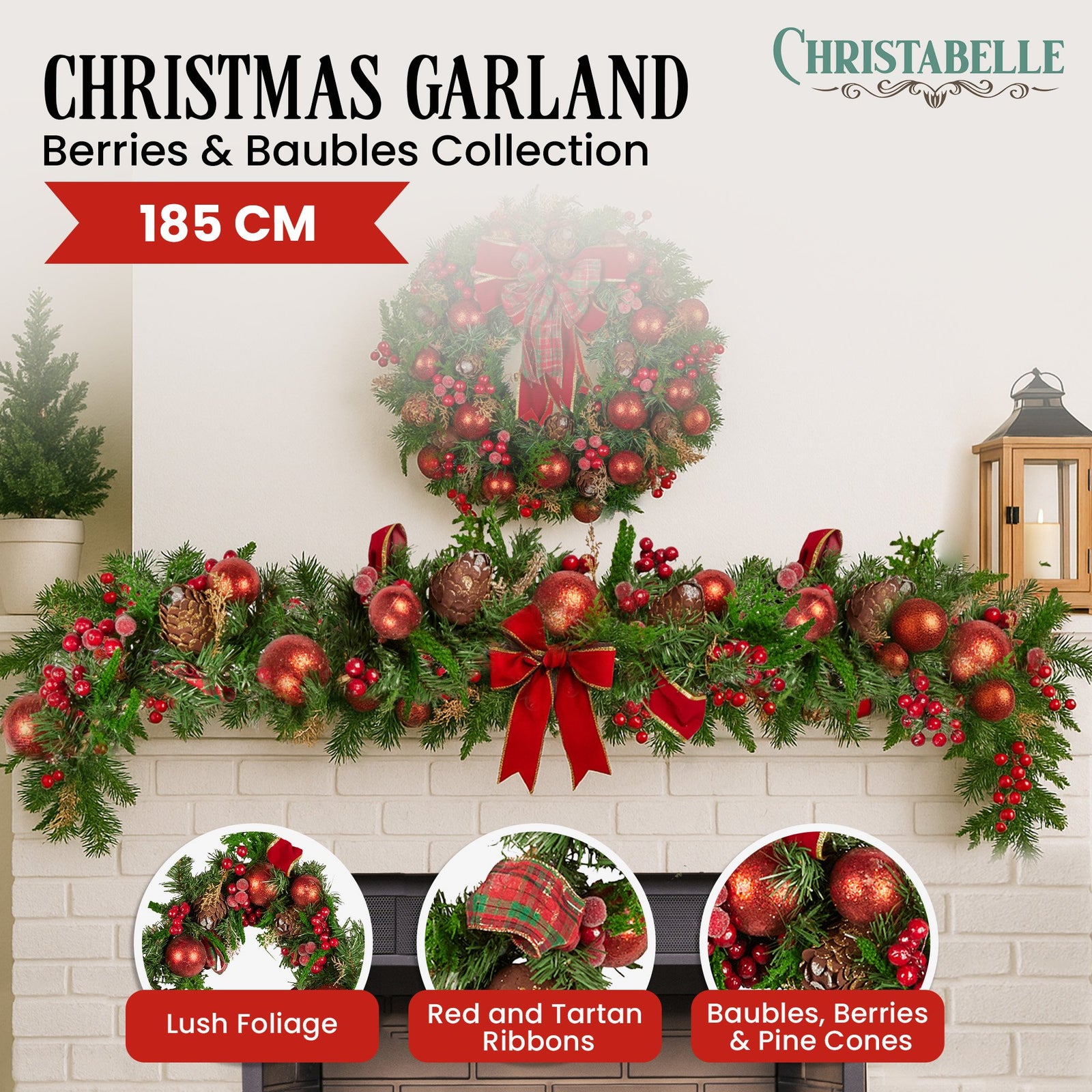 Christabelle 185cm Christmas Garland Lush Green Holiday Garland with Red Berries, Baubles & Pine Cones Pre-Decorated Festive Shelf or Banister Decoration
