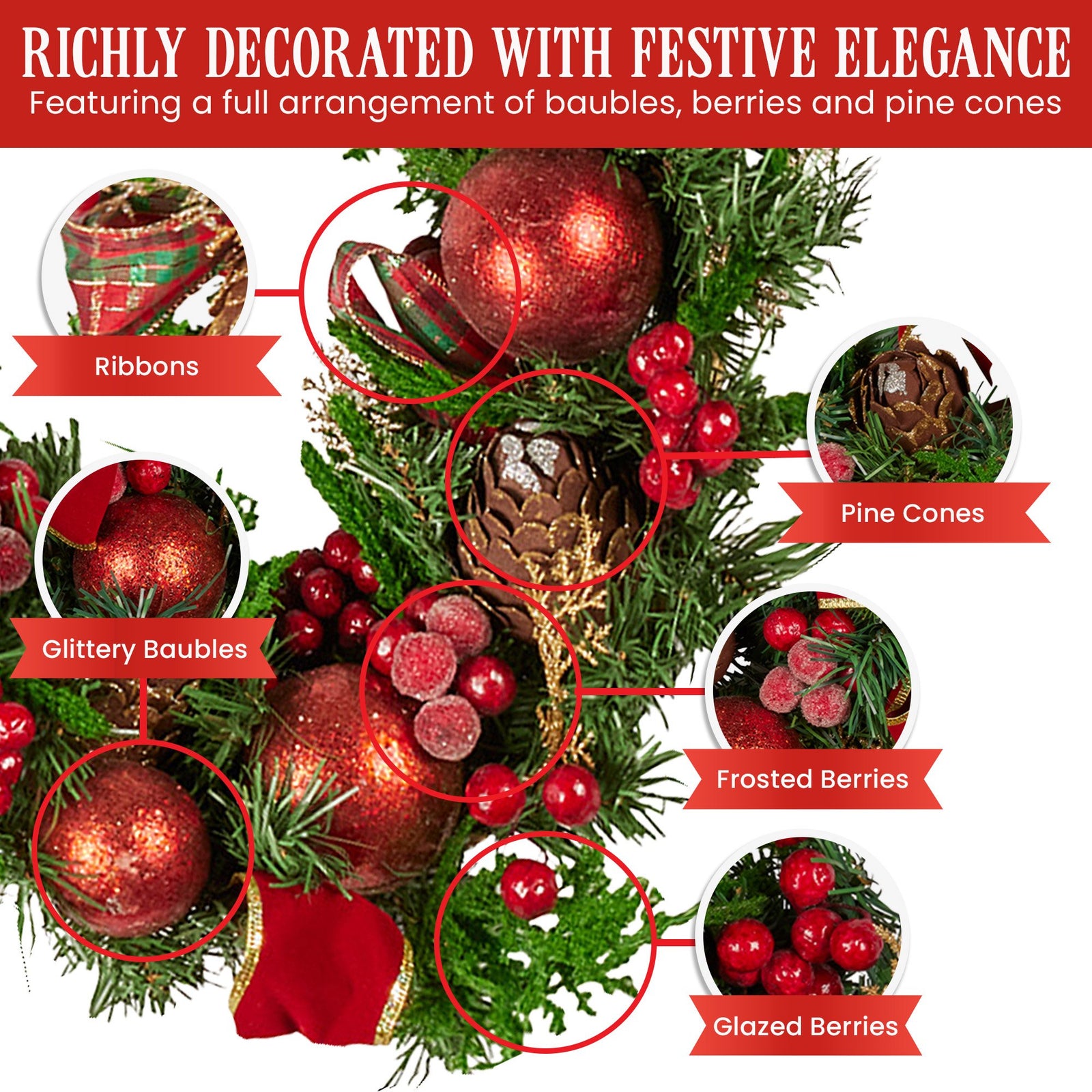 Christabelle 185cm Christmas Garland Lush Green Holiday Garland with Red Berries, Baubles & Pine Cones Pre-Decorated Festive Shelf or Banister Decoration