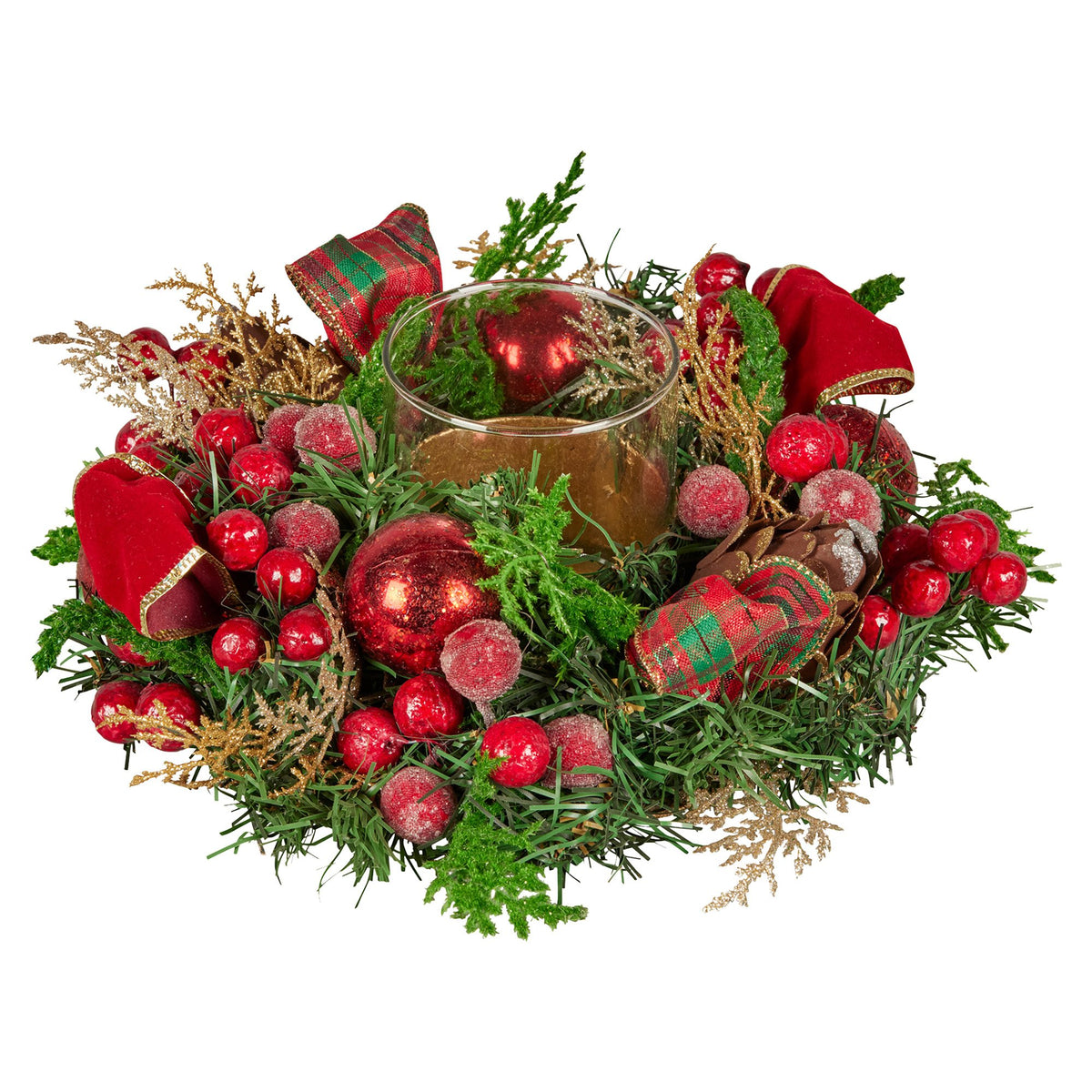 Christabelle 26cm Christmas Centrepiece Lush Green Holiday Display w/Red Berries &amp; Hurricane Candle Holder Pre-decorated for Dining Table Console