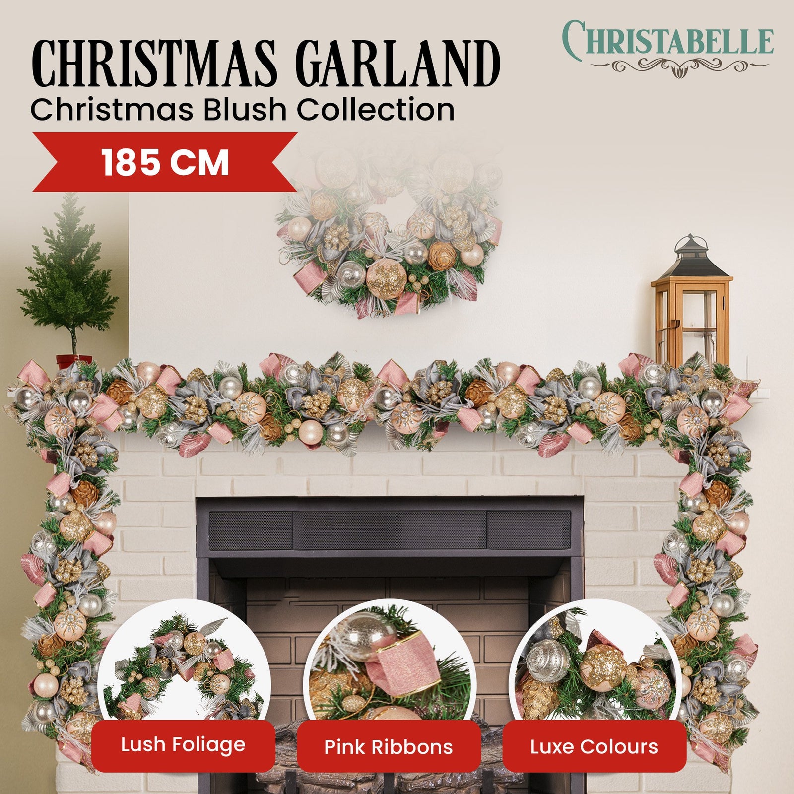 Christabelle 185cm Christmas Garland Lush Green Holiday Door Garland w/Jewelled Baubles, Flowers, Ribbon & Berries