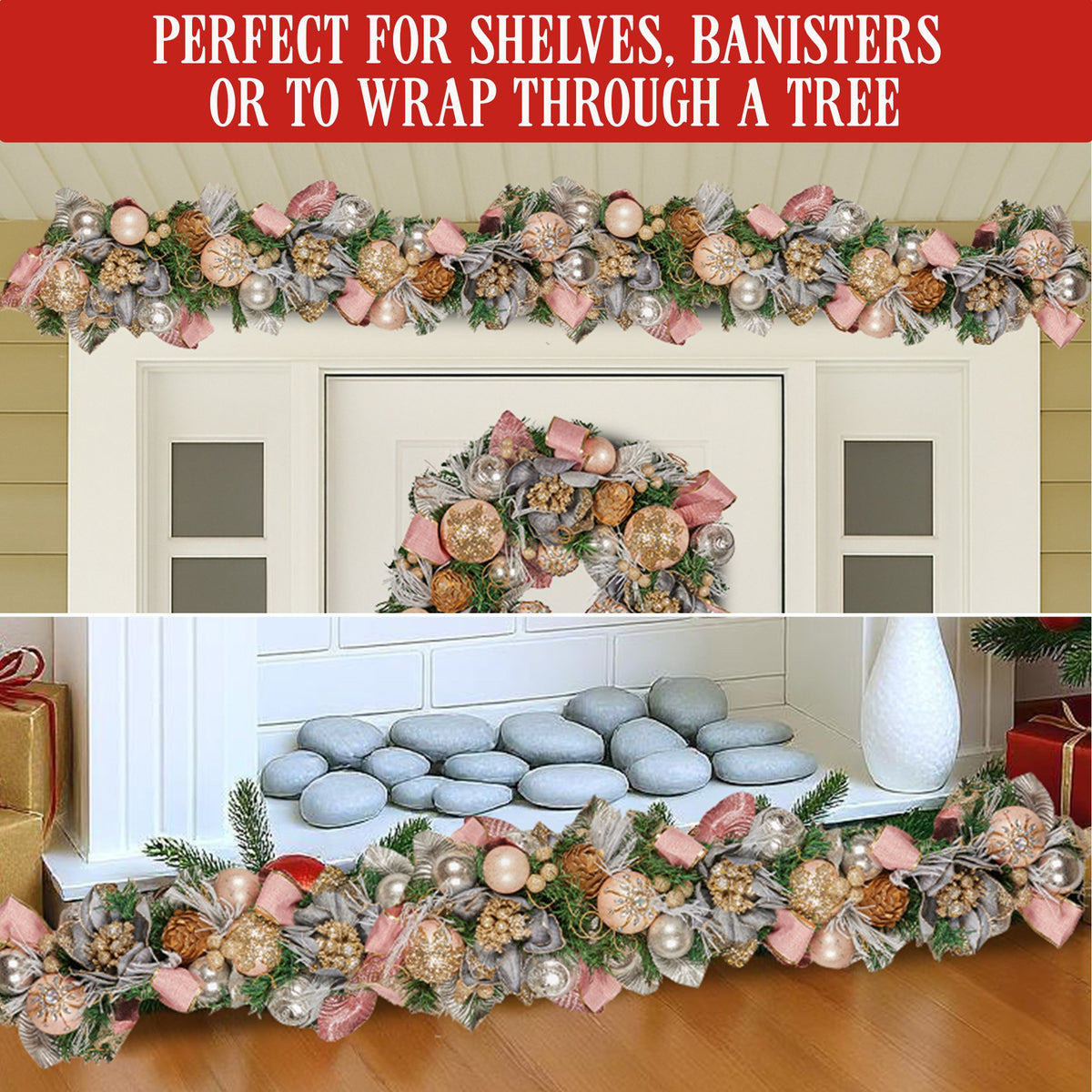 Christabelle 185cm Christmas Garland Lush Green Holiday Door Garland w/Jewelled Baubles, Flowers, Ribbon & Berries