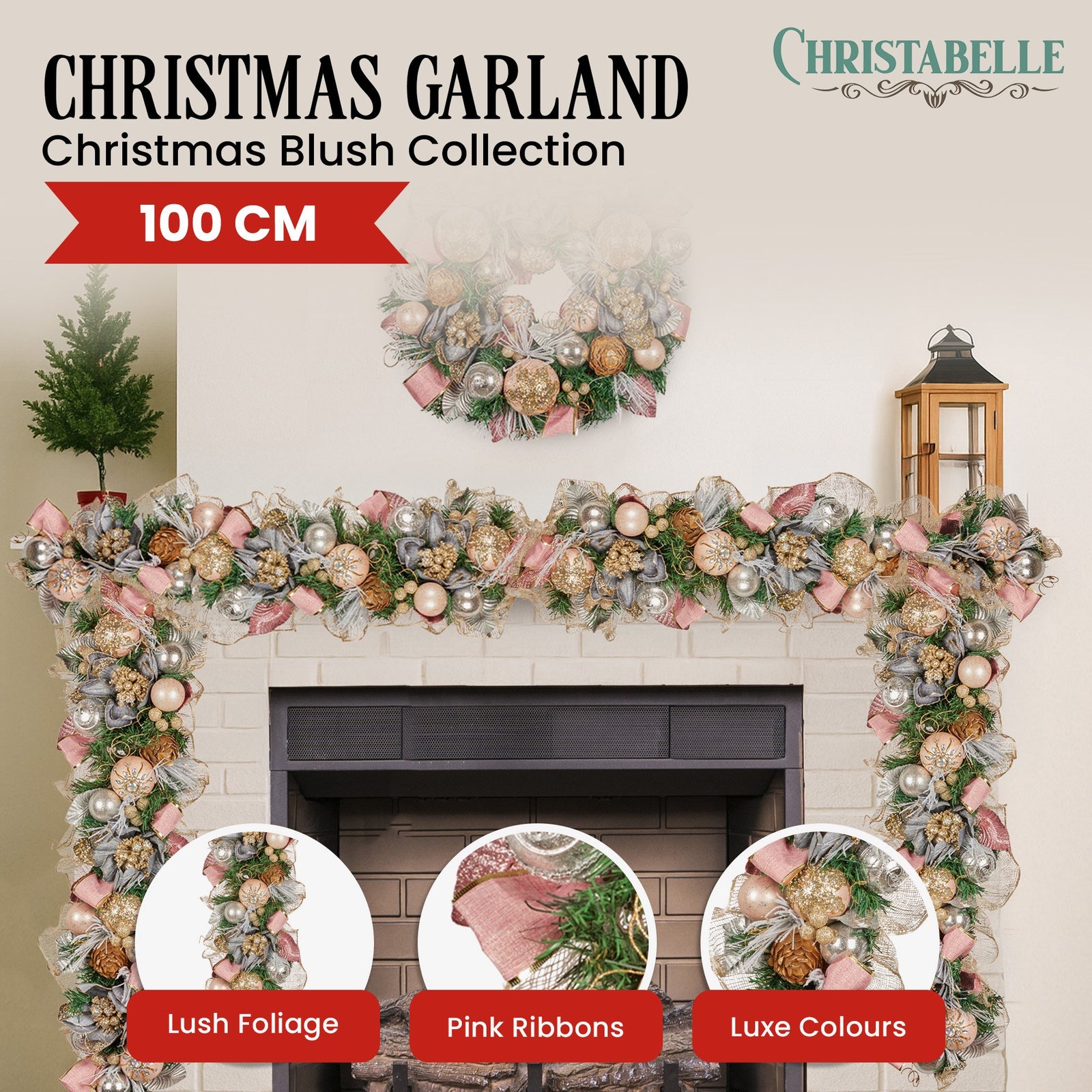 Christabelle 100cm Christmas Garland Lush Green Holiday Door Garland w/Jewelled Baubles & Berries Pre Decorated Festive