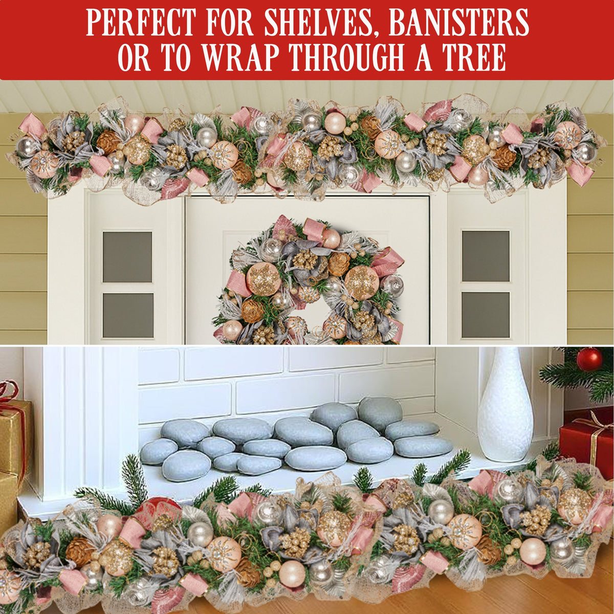 Christabelle 100cm Christmas Garland Lush Green Holiday Door Garland w/Jewelled Baubles & Berries Pre Decorated Festive