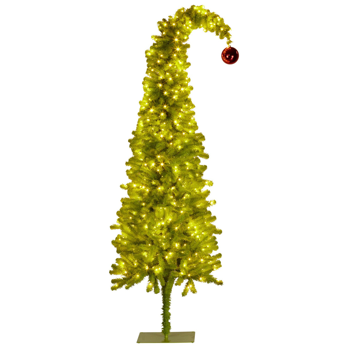 Christabelle 7.5ft Christmas Gremlin Tree Curved Top Red Bauble Built-in Green White LED Lights Control Base &amp; Cord